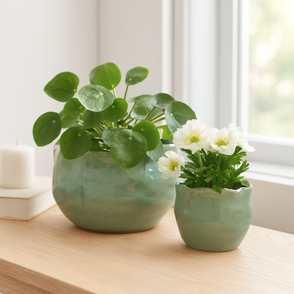 Planters Set of 2 - Green Ceramic Round Wavy Edge, 9/12 in.