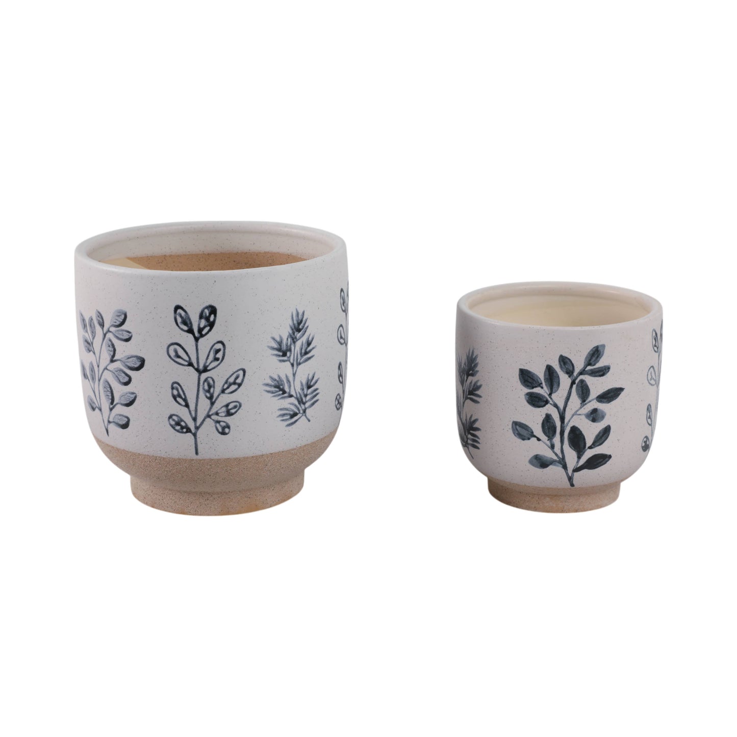 Plant Pot Set of 2 - Blue/White Ceramic Painted Leaf, 6/8 in