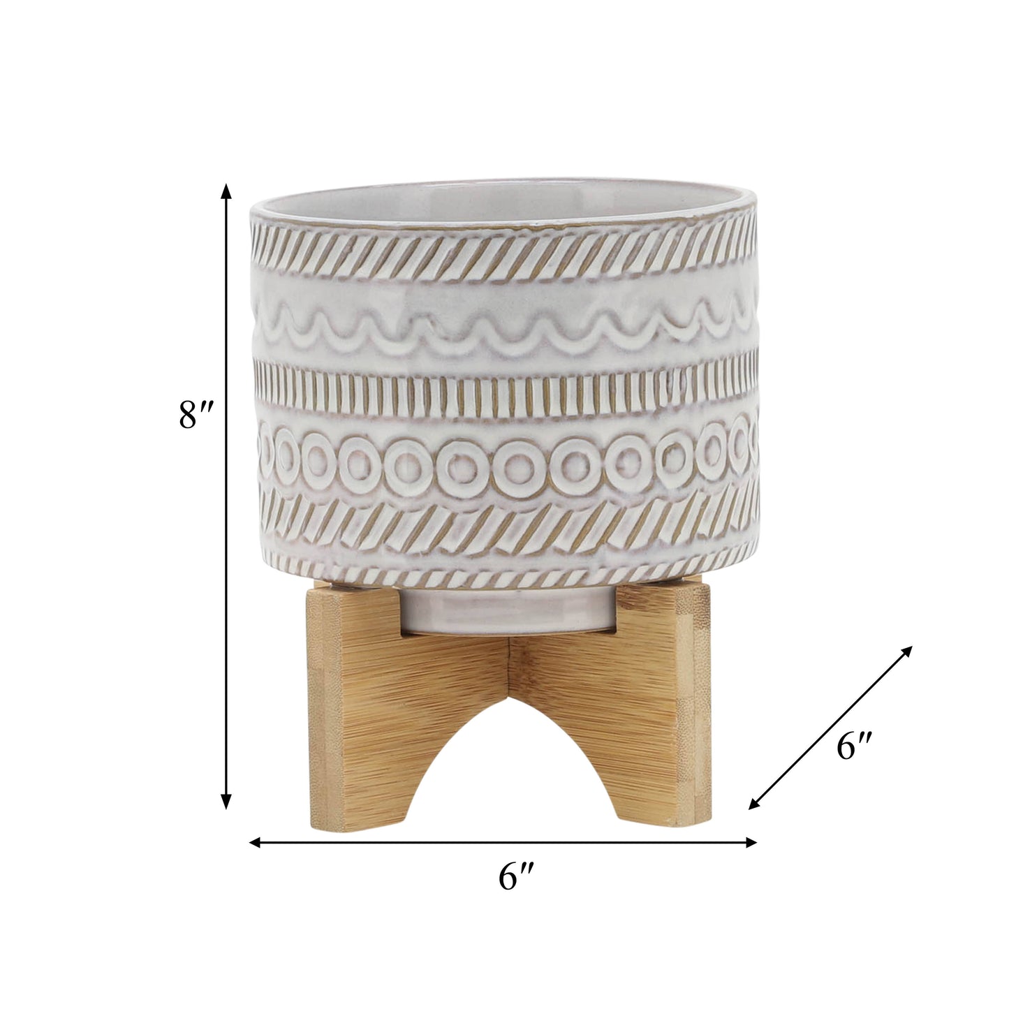 Plant Pot - Ivory Ceramic Tribal Carved on Wood Stand, 6 in.