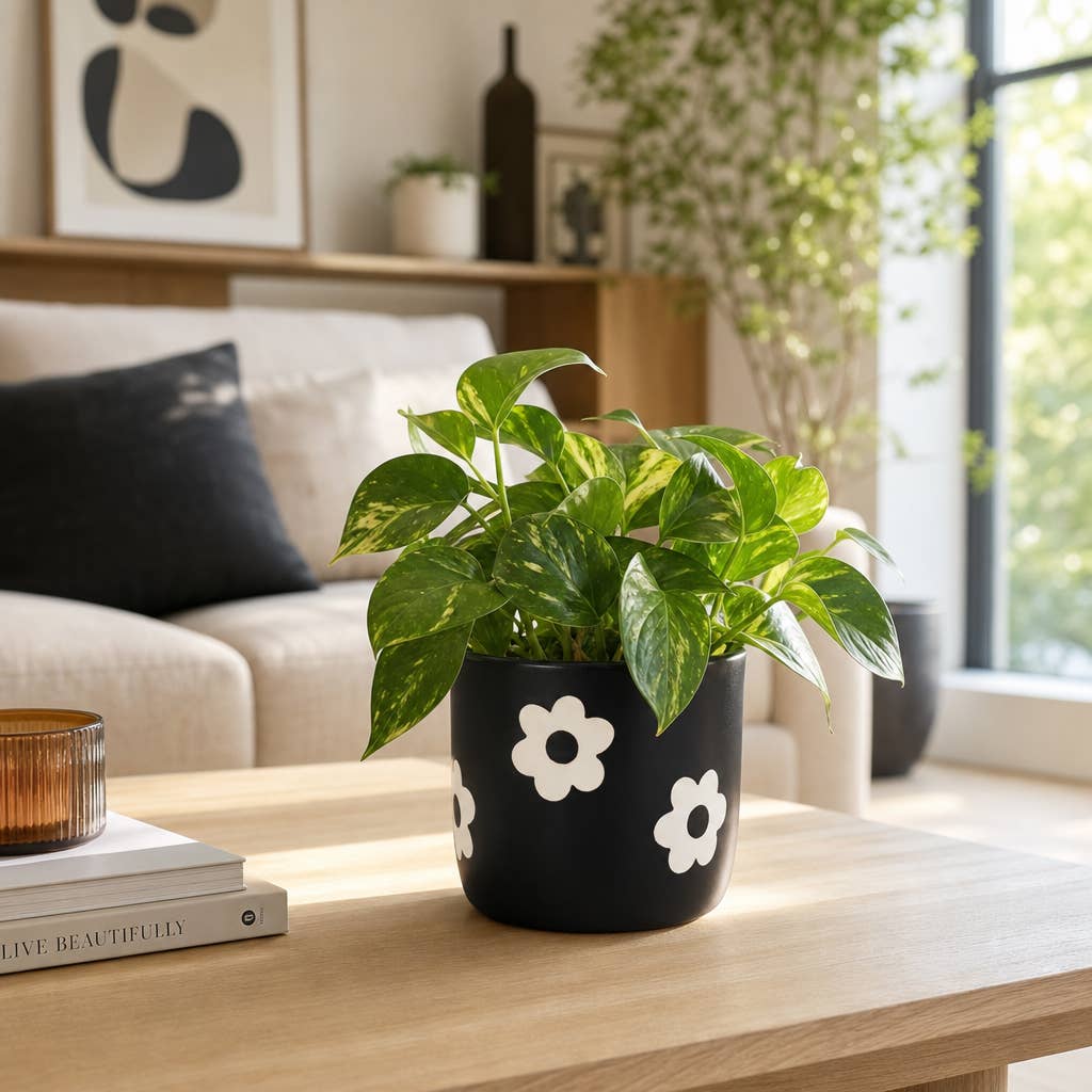 Plant Pot - Black/White Ceramic Raised Flower Power, 6 in.