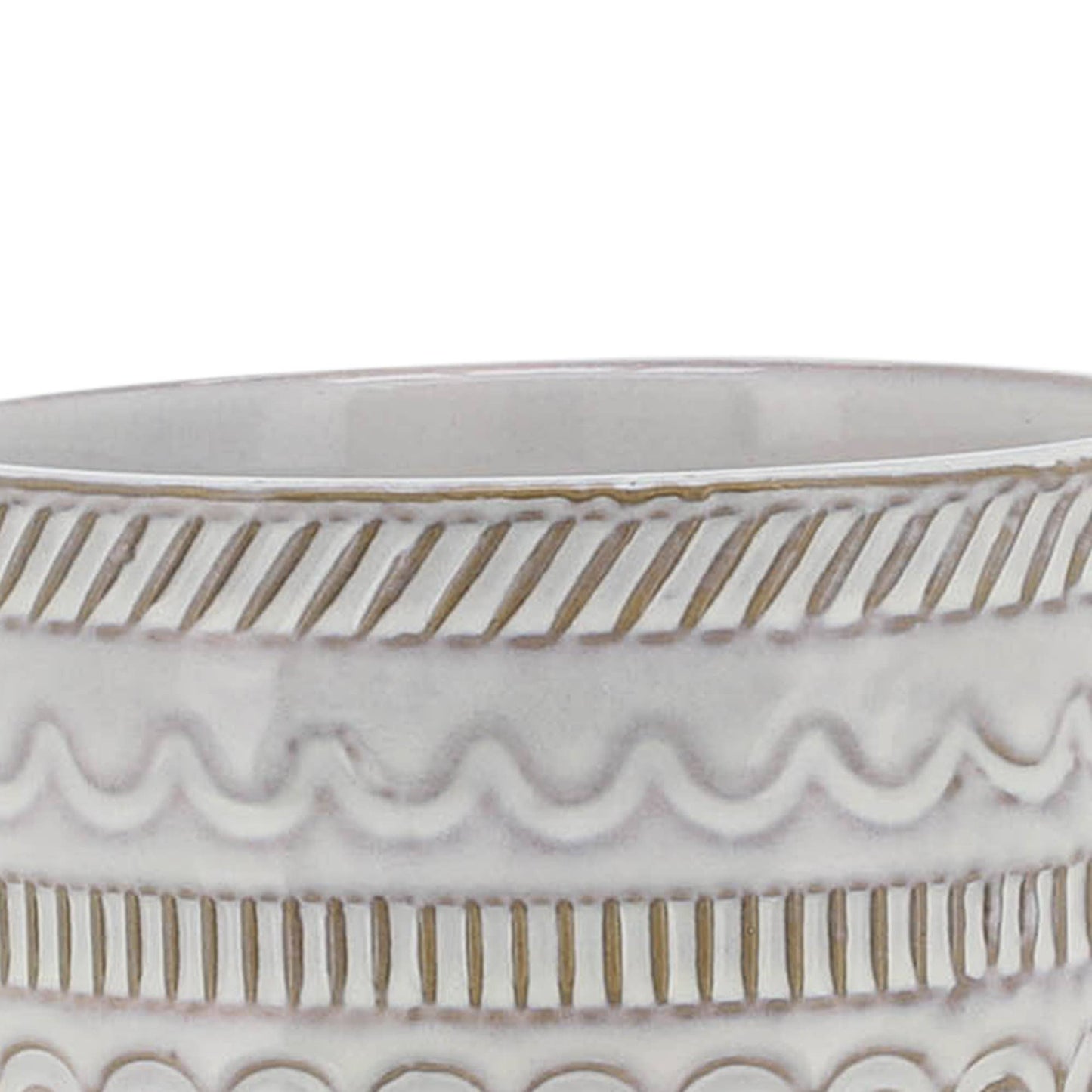 Plant Pot - Ivory Ceramic Tribal Carved on Wood Stand, 6 in.