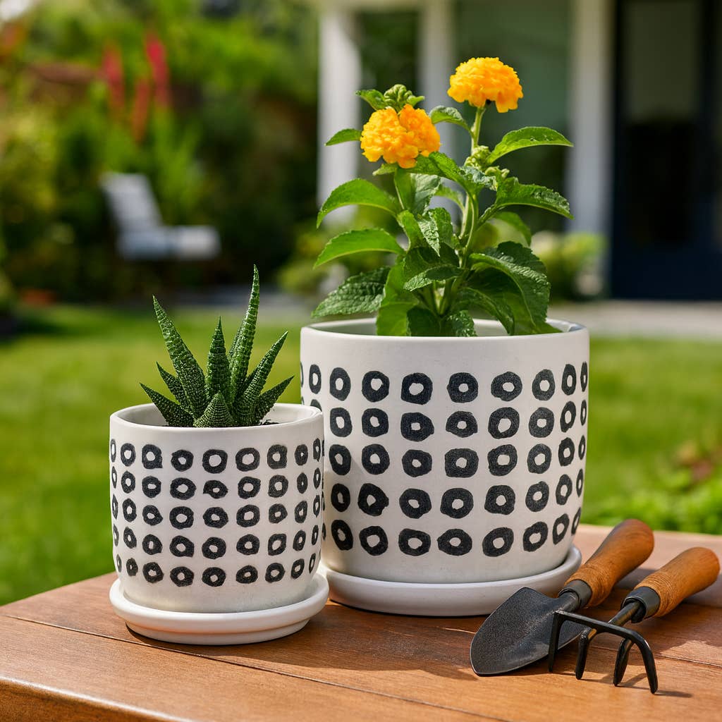 Planters Set of 2 - Black Ceramic Aztec Saucer, 5/6 in.