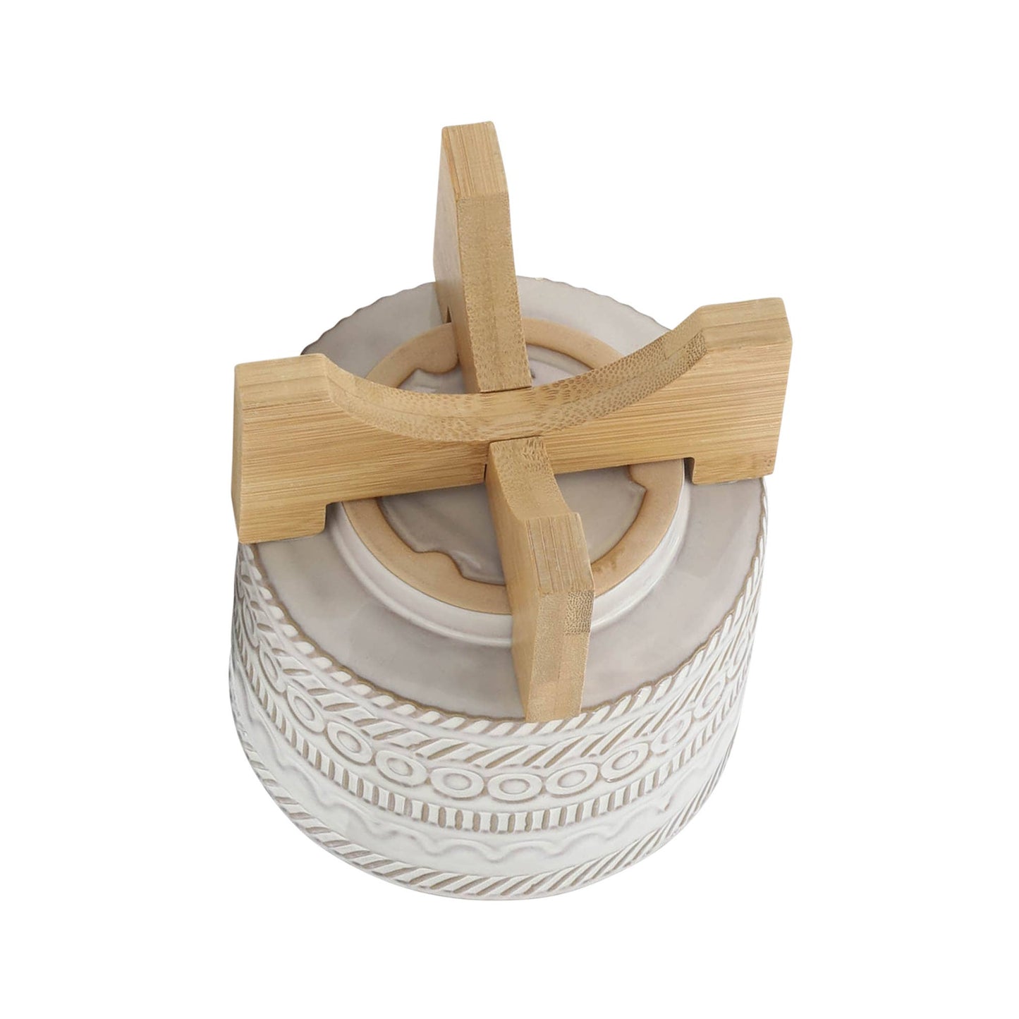 Plant Pot - Ivory Ceramic Tribal Carved on Wood Stand, 6 in.