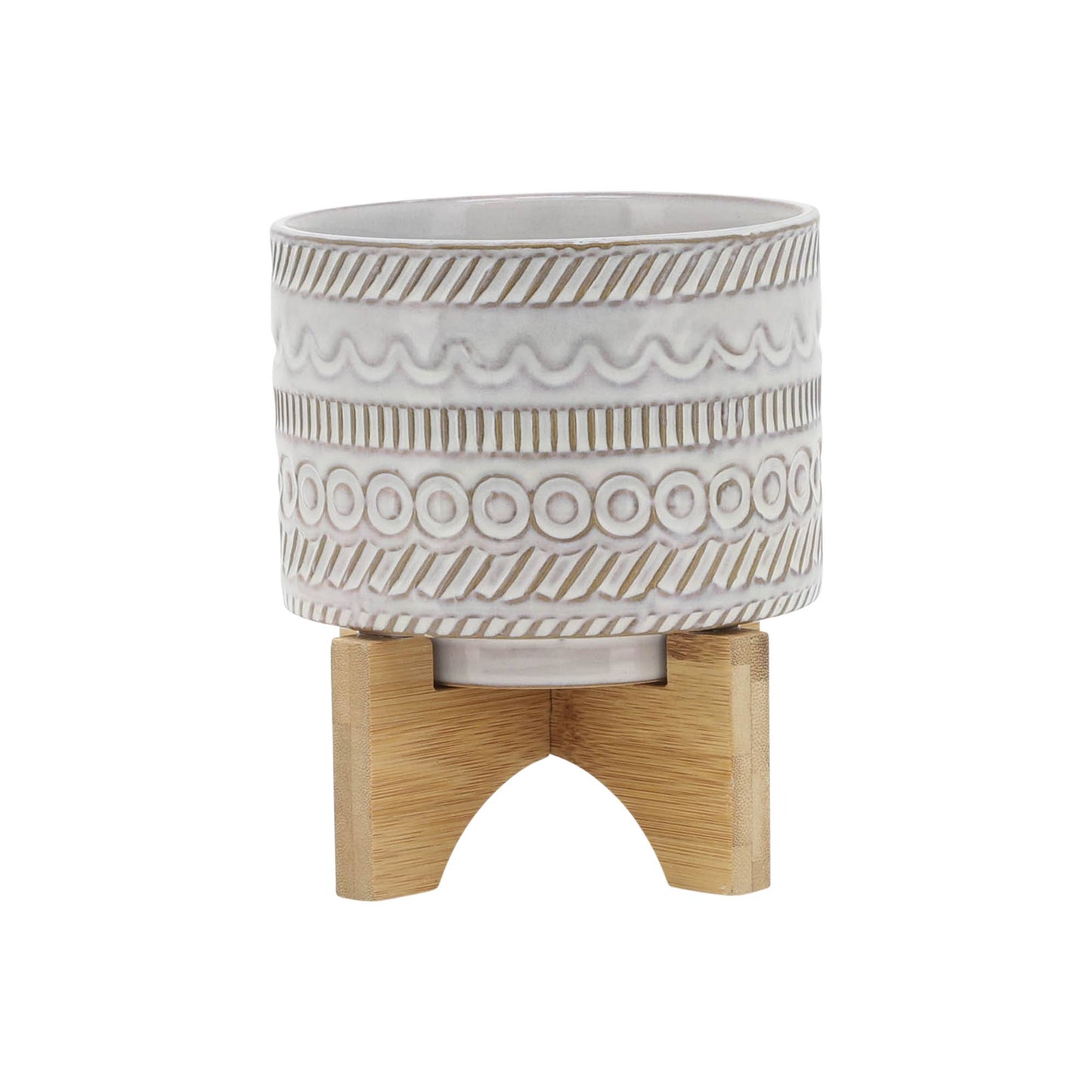 Plant Pot - Ivory Ceramic Tribal Carved on Wood Stand, 6 in.