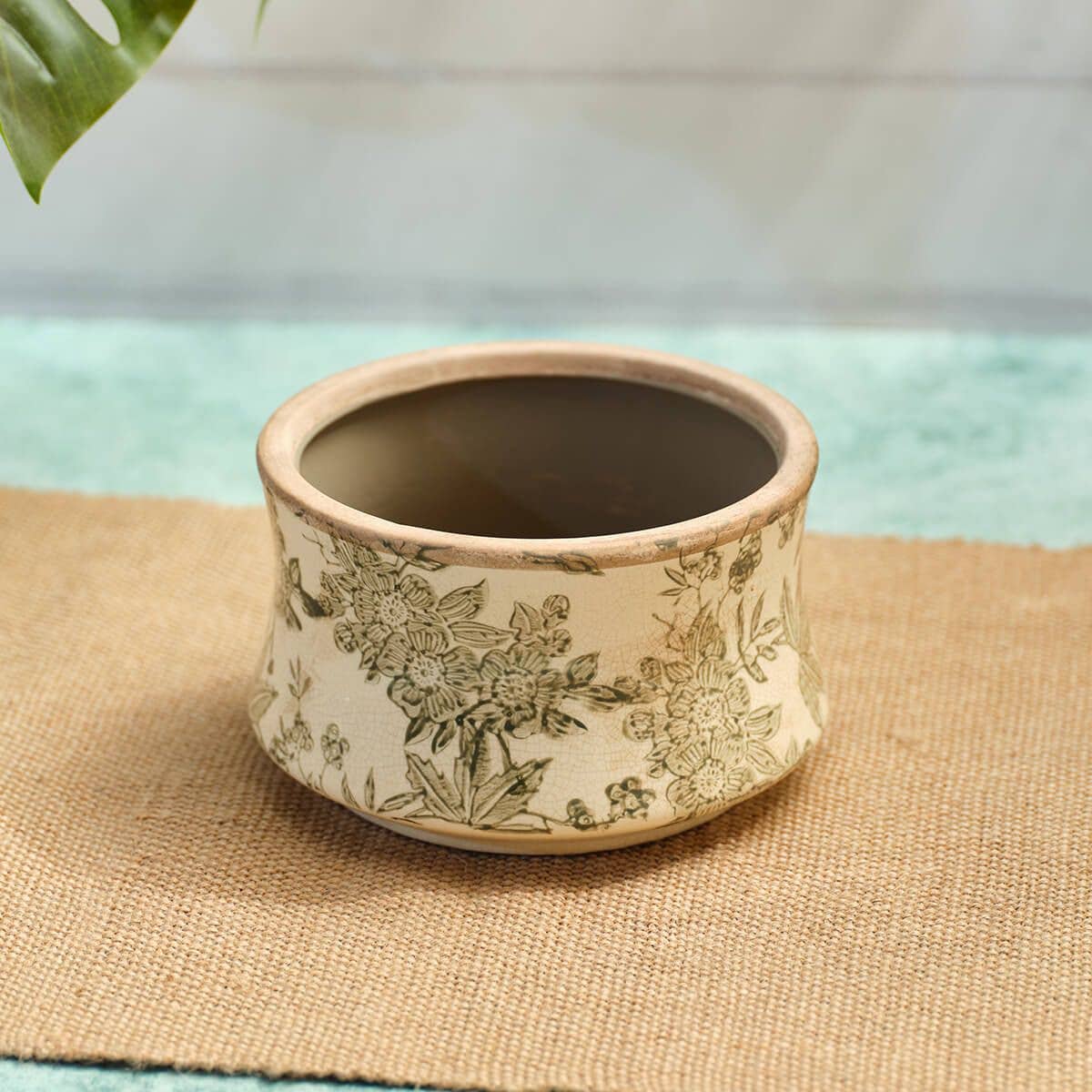 Stoneware Green Vintage Floral And Leaf Large Planter