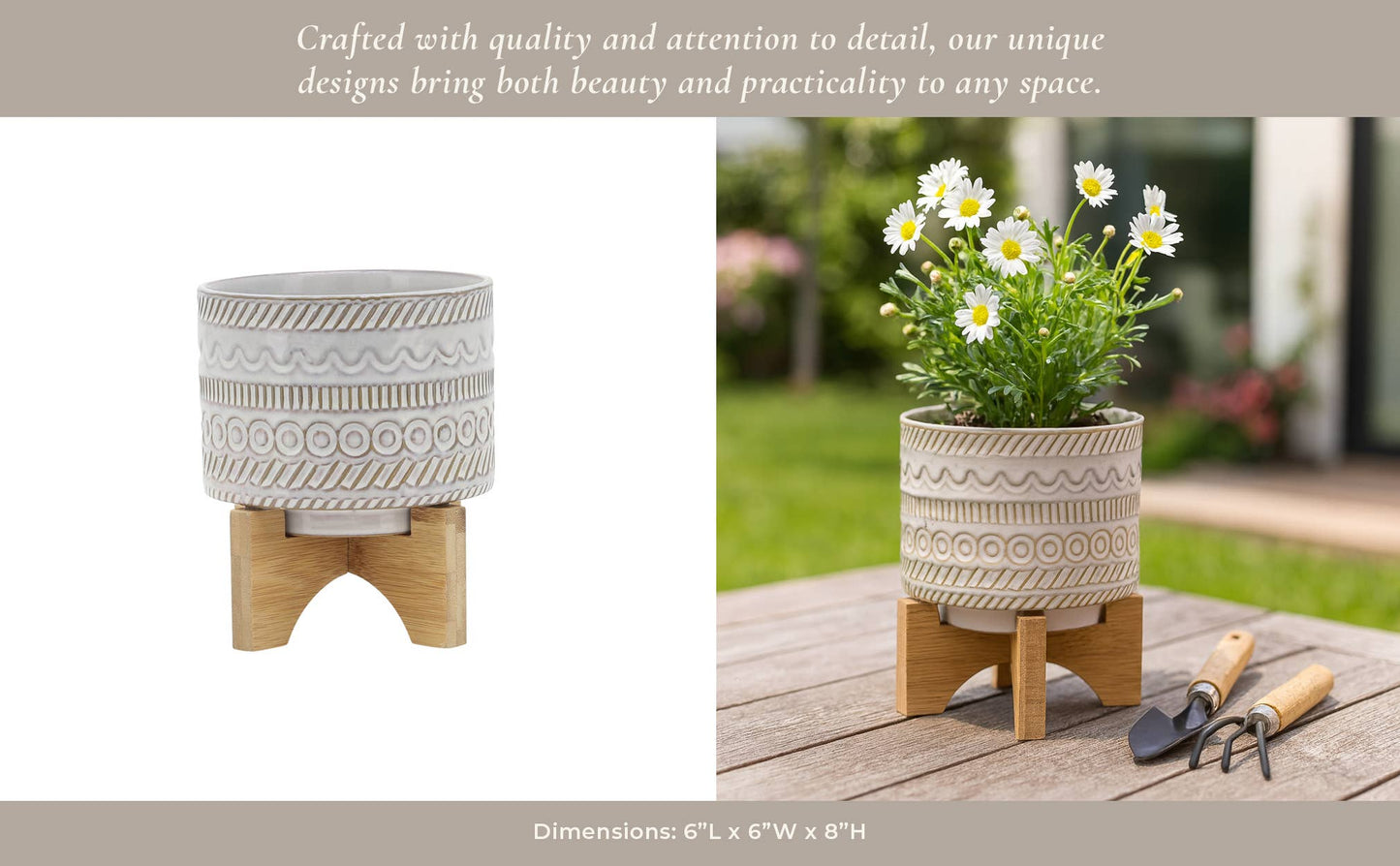 Plant Pot - Ivory Ceramic Tribal Carved on Wood Stand, 6 in.