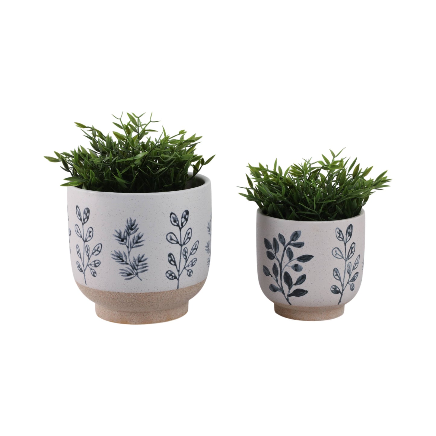 Plant Pot Set of 2 - Blue/White Ceramic Painted Leaf, 6/8 in
