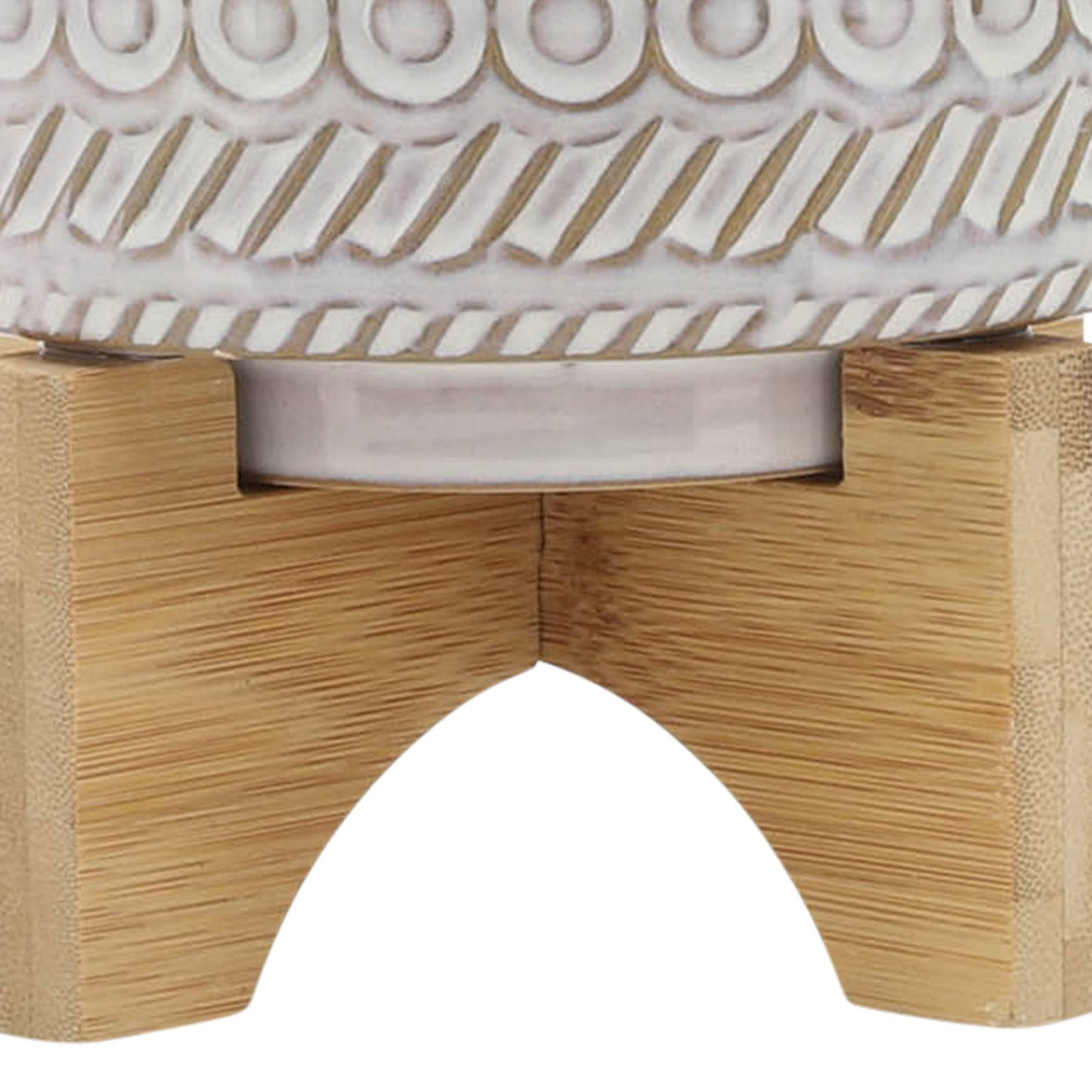 Plant Pot - Ivory Ceramic Tribal Carved on Wood Stand, 6 in.