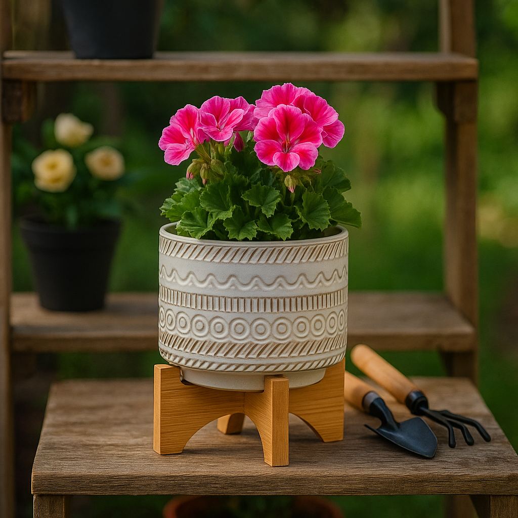 Plant Pot - Ivory Ceramic Tribal Carved on Wood Stand, 6 in.