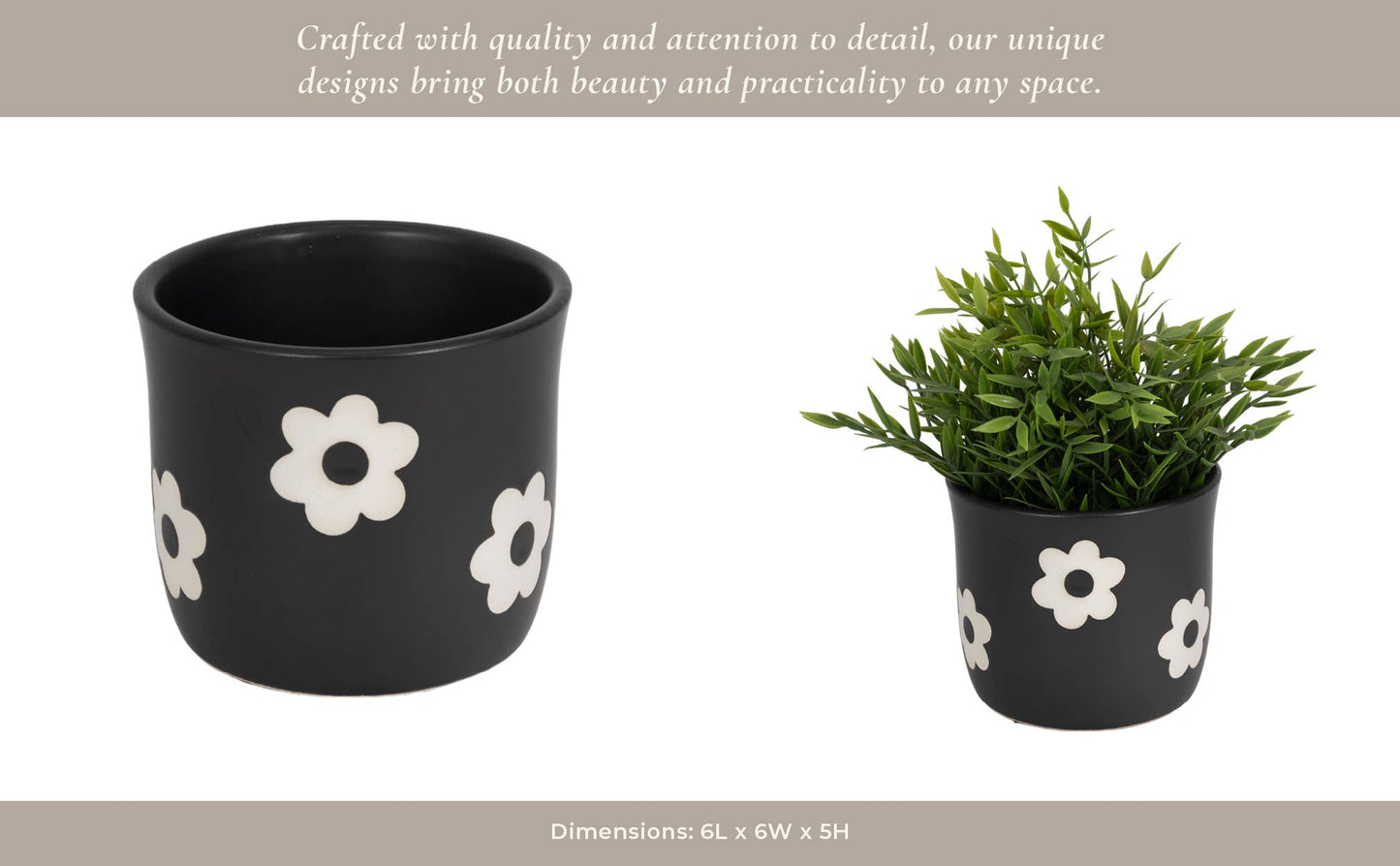 Plant Pot - Black/White Ceramic Raised Flower Power, 6 in.