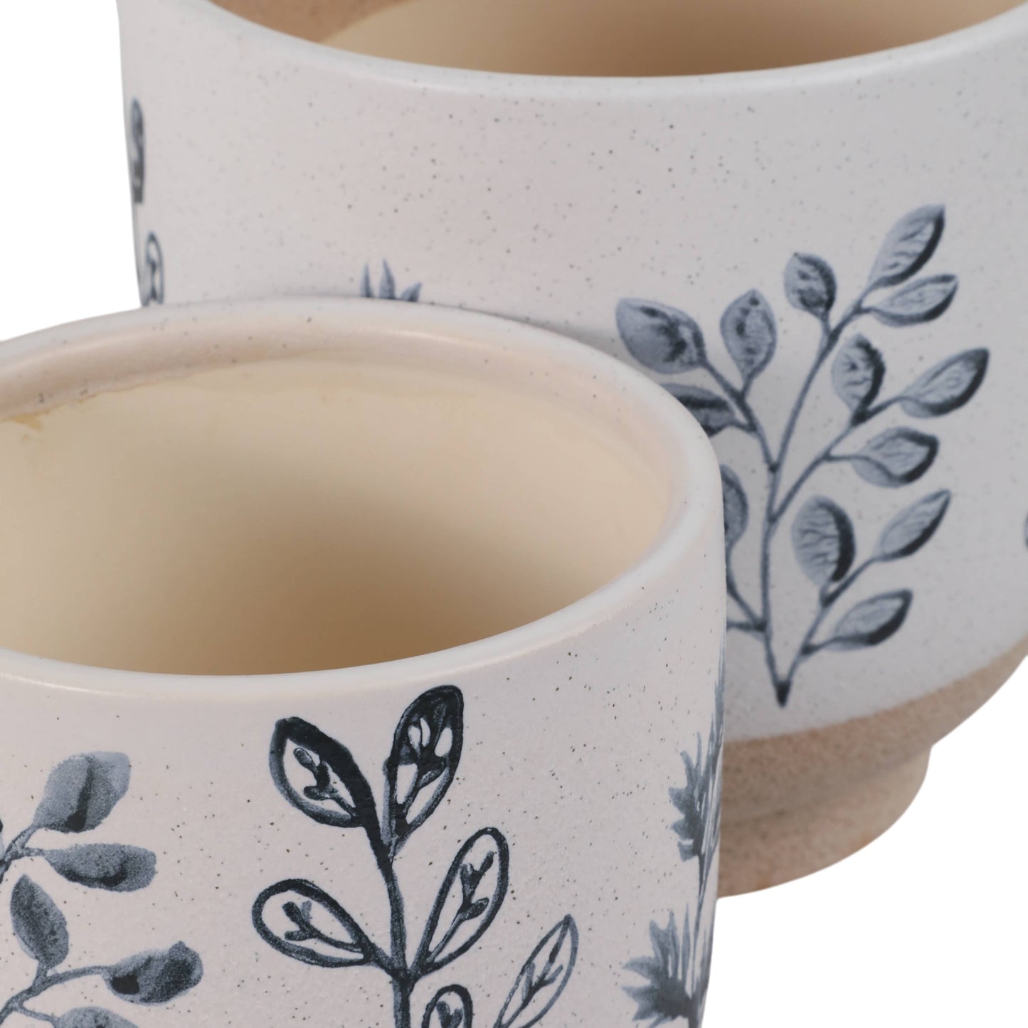 Plant Pot Set of 2 - Blue/White Ceramic Painted Leaf, 6/8 in