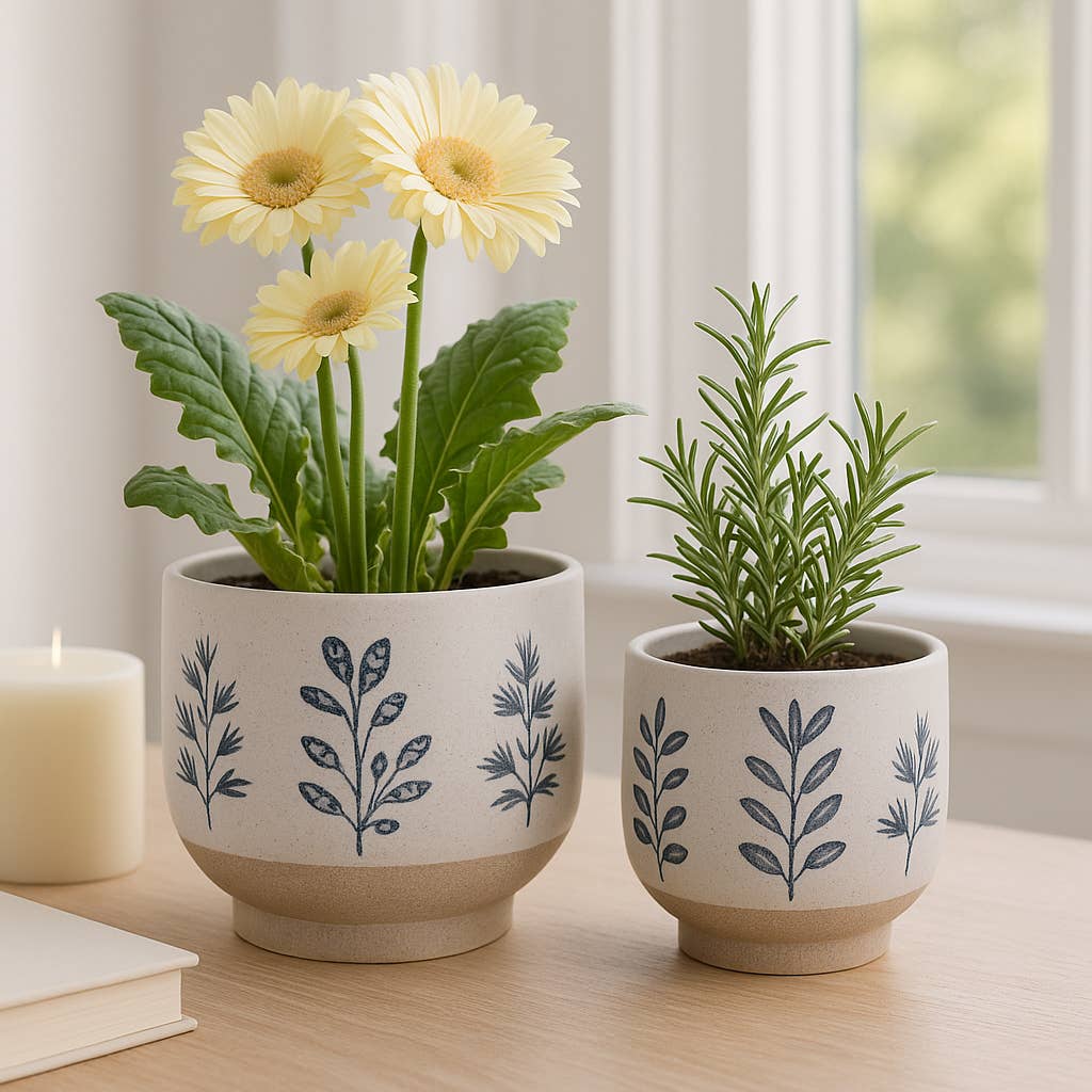 Plant Pot Set of 2 - Blue/White Ceramic Painted Leaf, 6/8 in