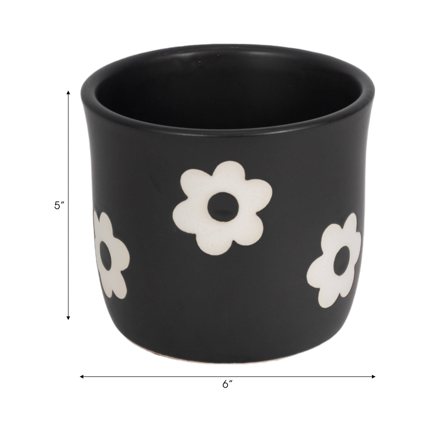 Plant Pot - Black/White Ceramic Raised Flower Power, 6 in.