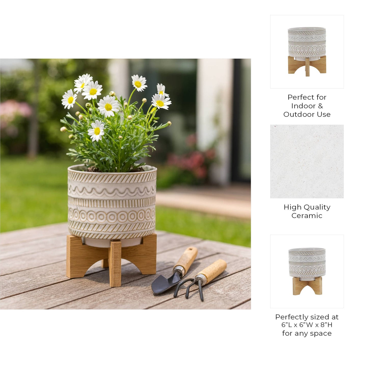 Plant Pot - Ivory Ceramic Tribal Carved on Wood Stand, 6 in.