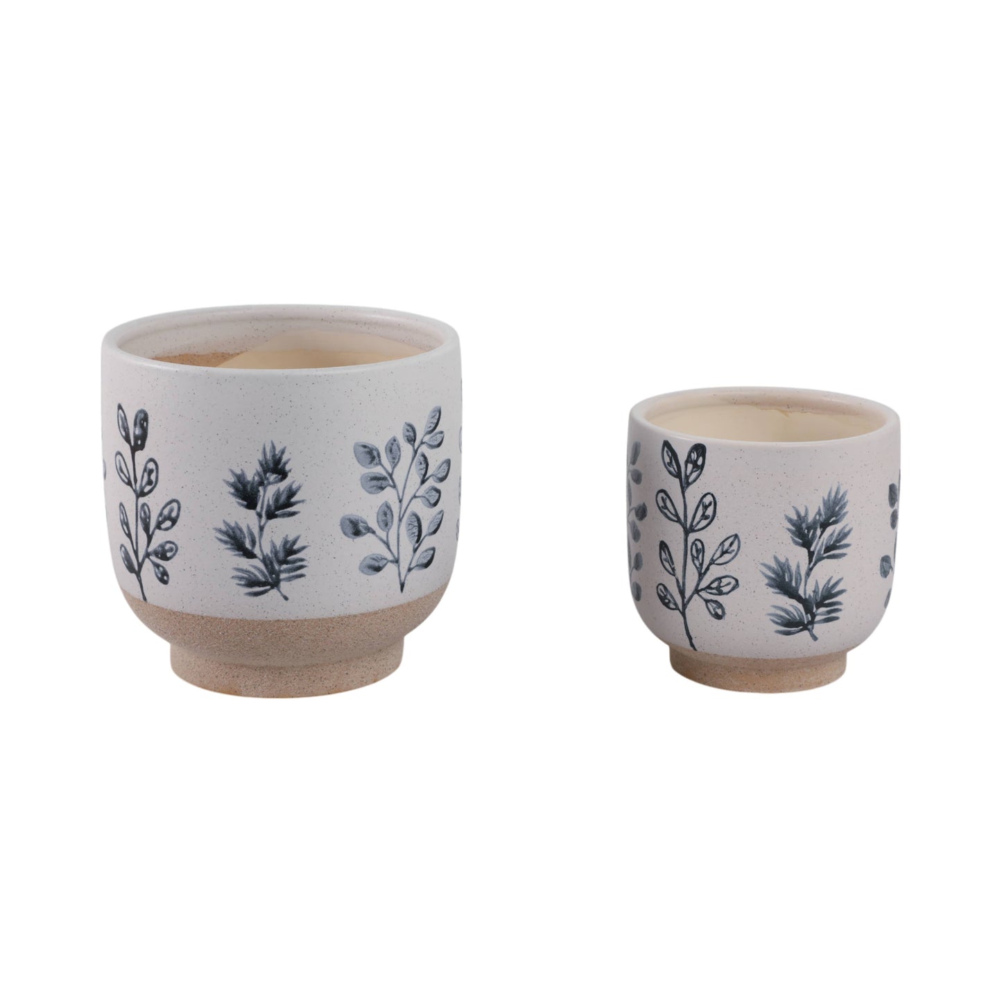 Plant Pot Set of 2 - Blue/White Ceramic Painted Leaf, 6/8 in