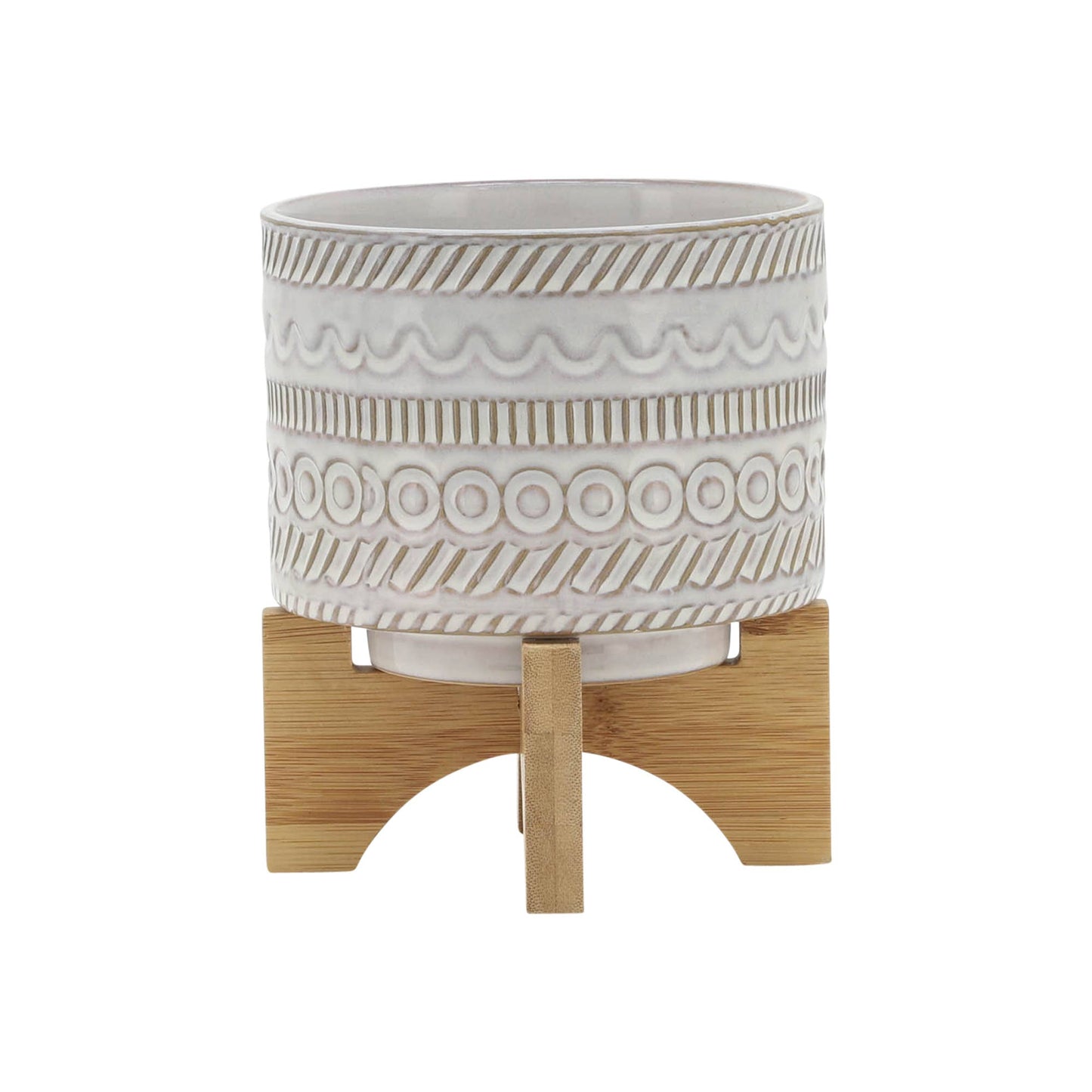 Plant Pot - Ivory Ceramic Tribal Carved on Wood Stand, 6 in.