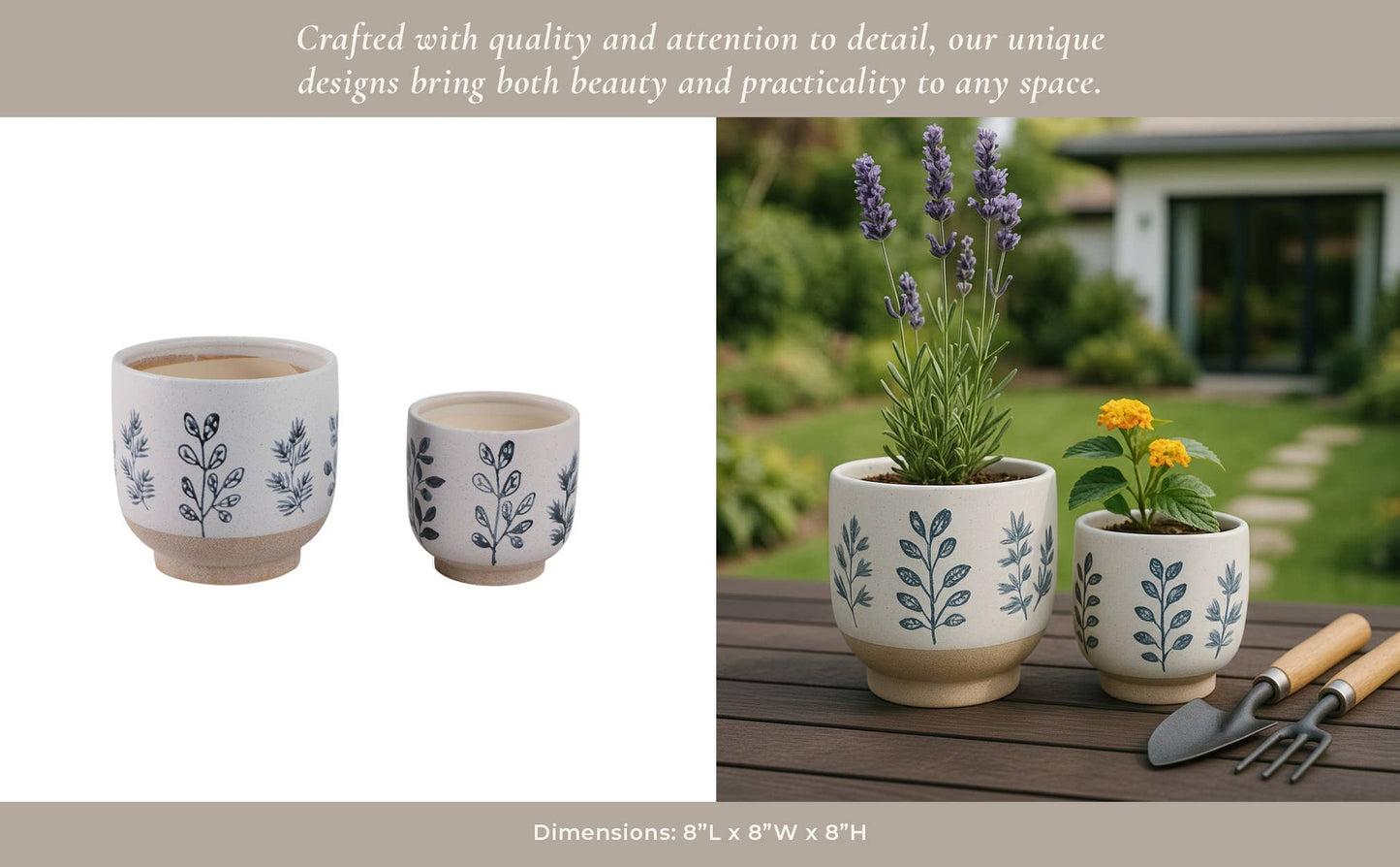 Plant Pot Set of 2 - Blue/White Ceramic Painted Leaf, 6/8 in