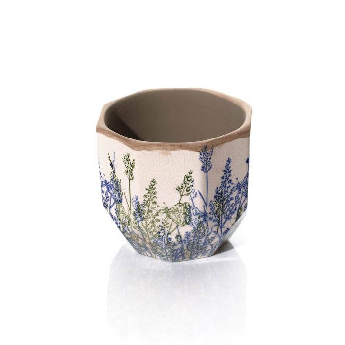 Stoneware Blue And Green Grasses With Butterfly Octagonal Large Plant Pot