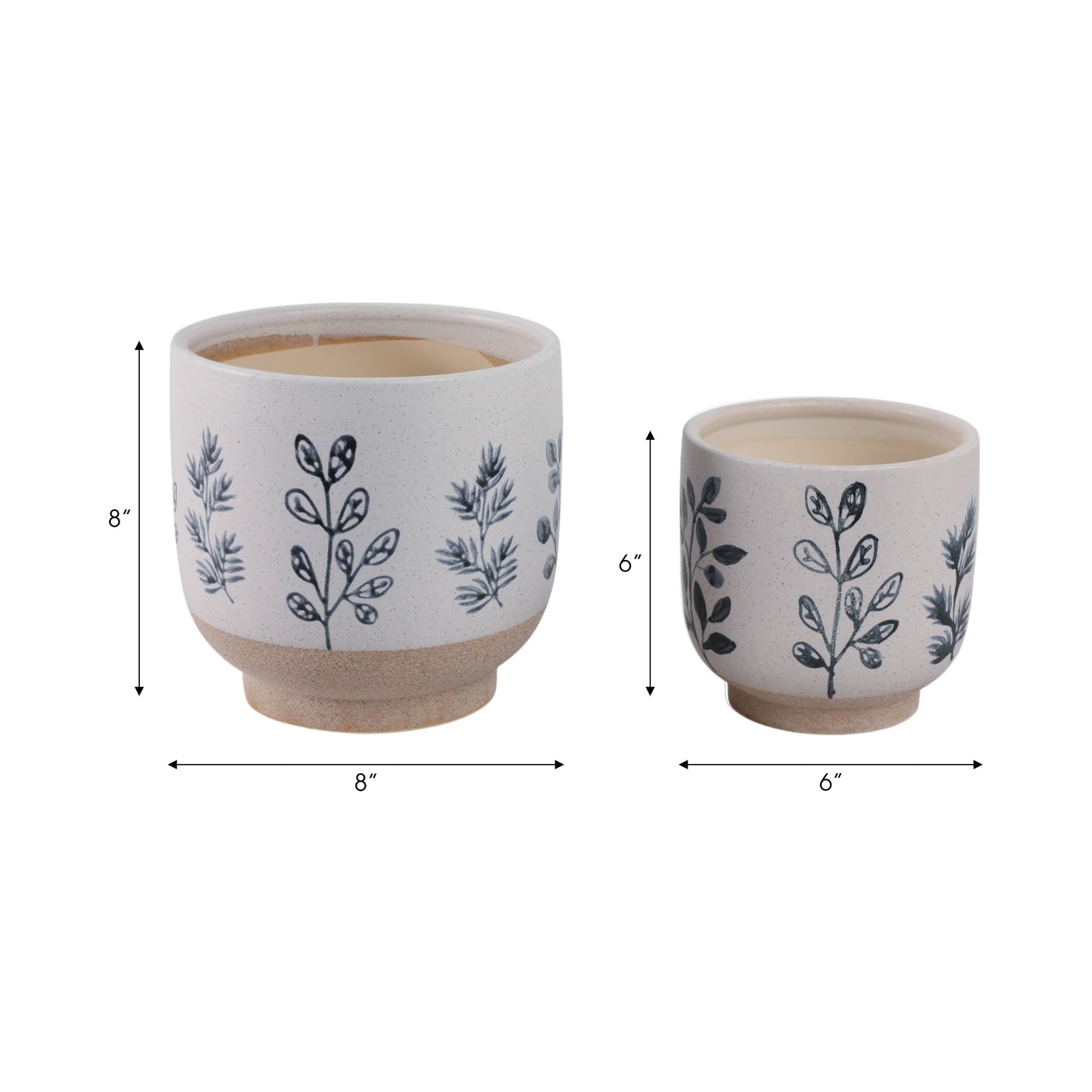 Plant Pot Set of 2 - Blue/White Ceramic Painted Leaf, 6/8 in