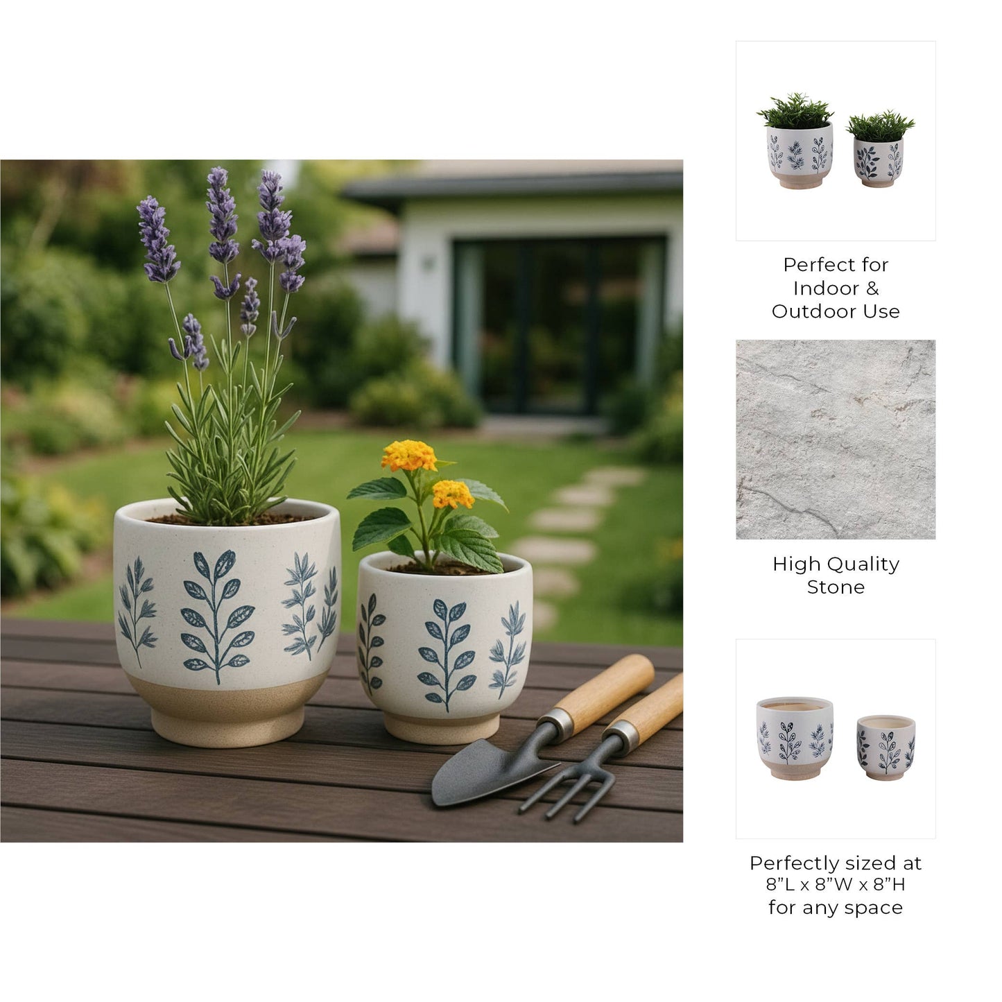 Plant Pot Set of 2 - Blue/White Ceramic Painted Leaf, 6/8 in