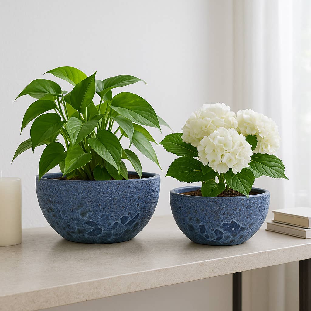 Ceramic Lava Bowl Planters Set of 2 - Blue, 10/13 in.