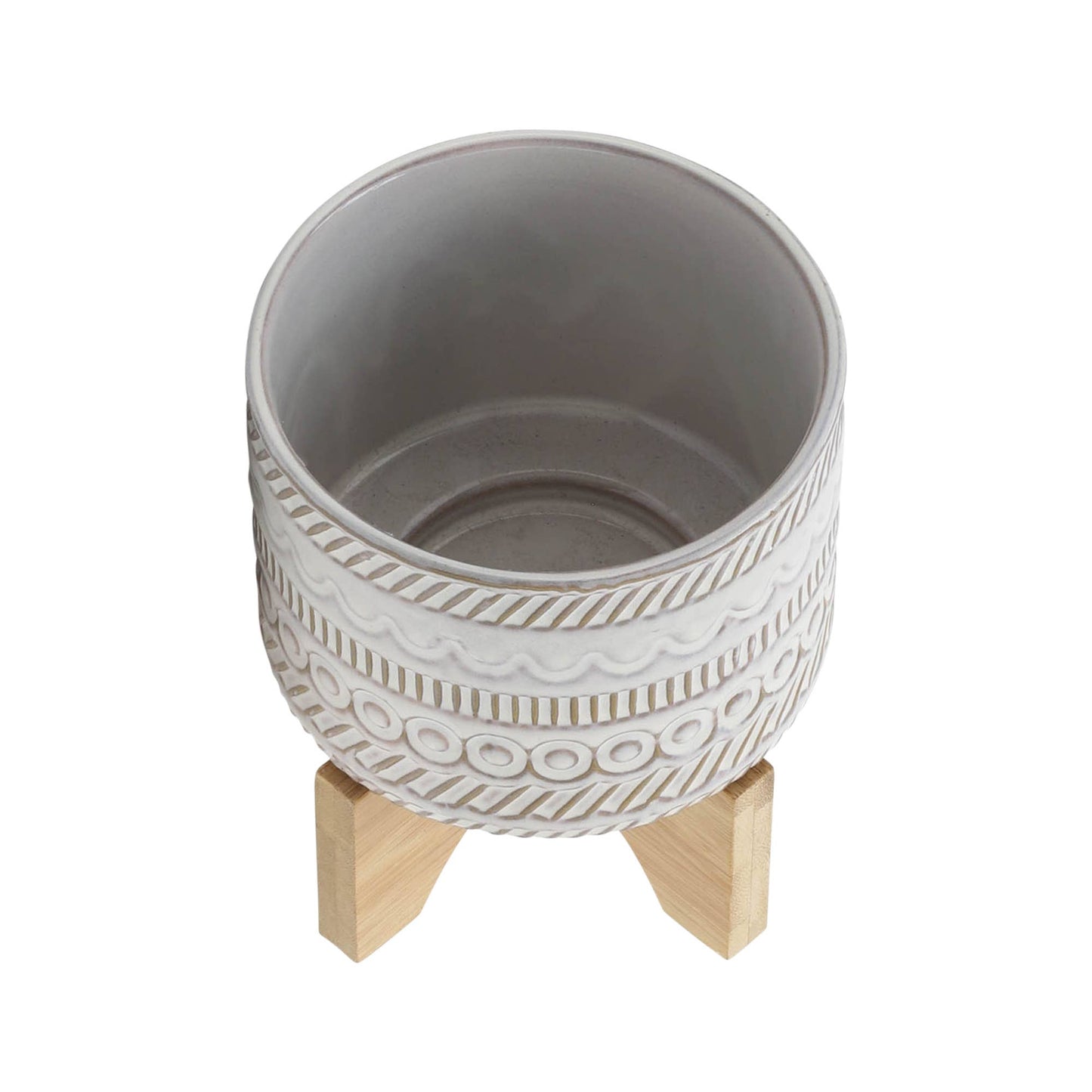 Plant Pot - Ivory Ceramic Tribal Carved on Wood Stand, 6 in.