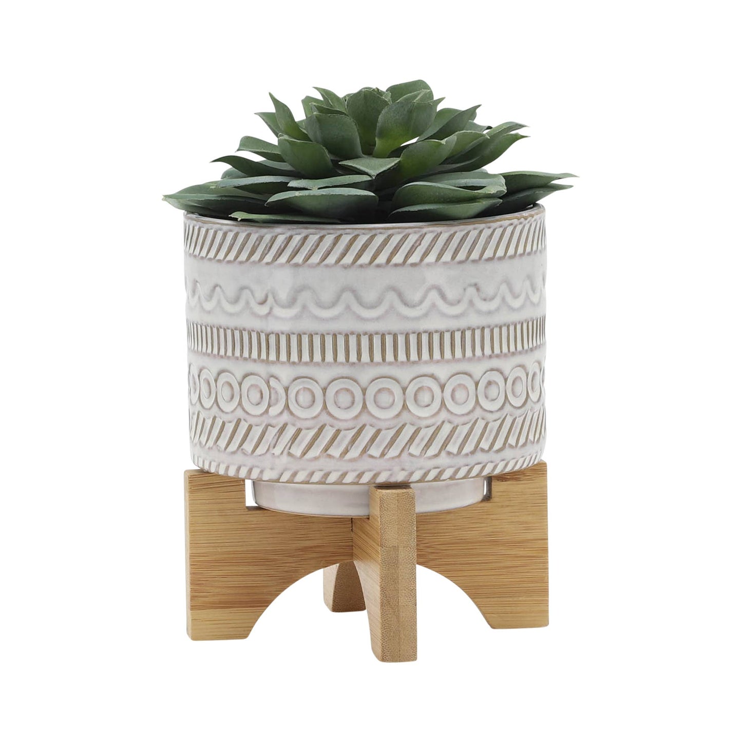 Plant Pot - Ivory Ceramic Tribal Carved on Wood Stand, 6 in.