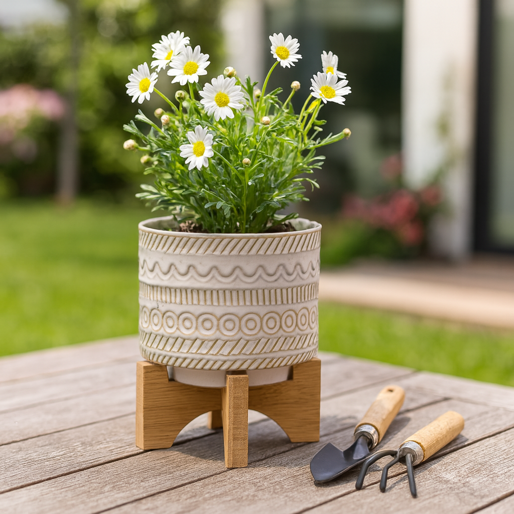 Plant Pot - Ivory Ceramic Tribal Carved on Wood Stand, 6 in.