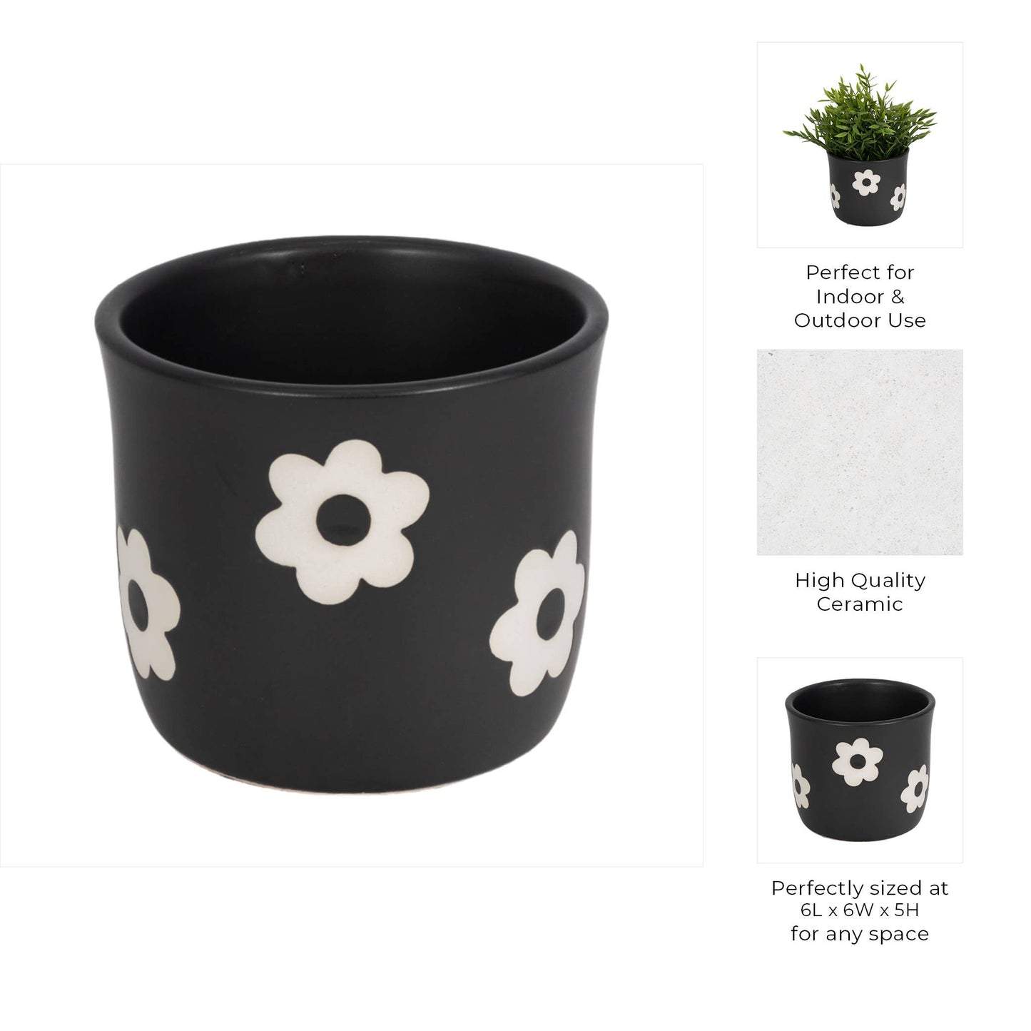 Plant Pot - Black/White Ceramic Raised Flower Power, 6 in.