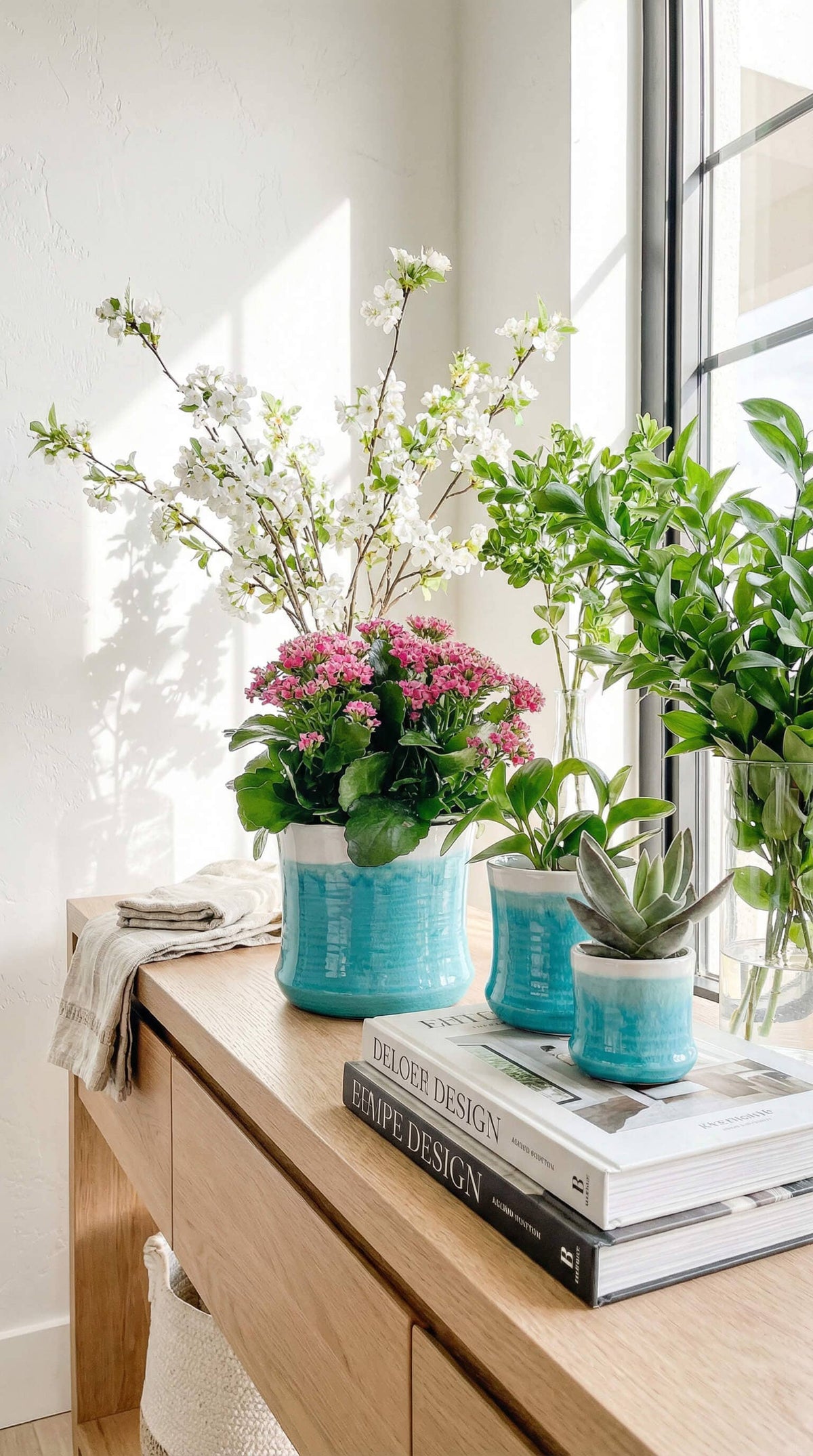 Ceramic Planter Pot, Blue White with Drainage - Aria - Glass Garden Studio