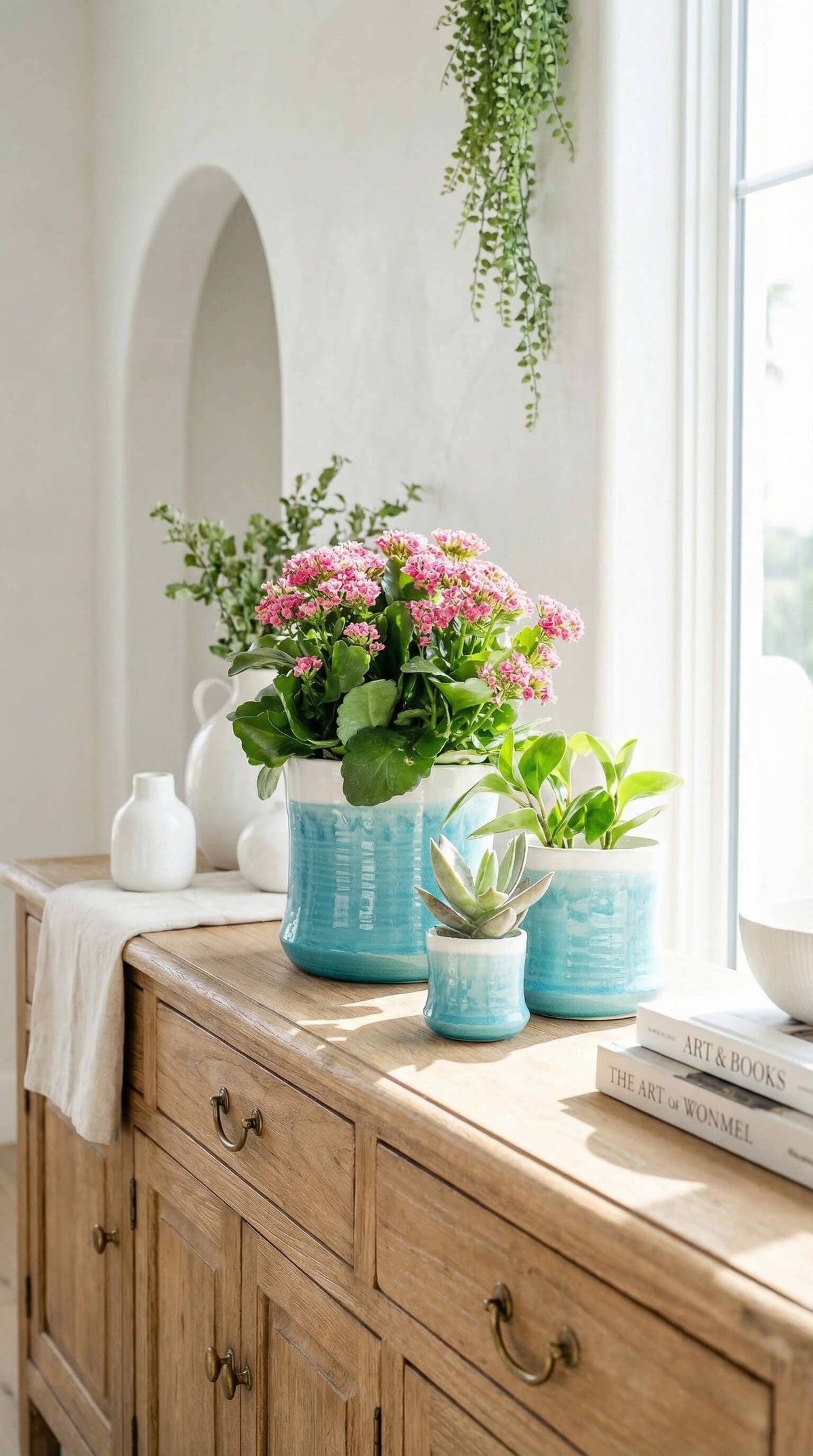 Ceramic Planter Pot, Blue White with Drainage - Aria - Glass Garden Studio