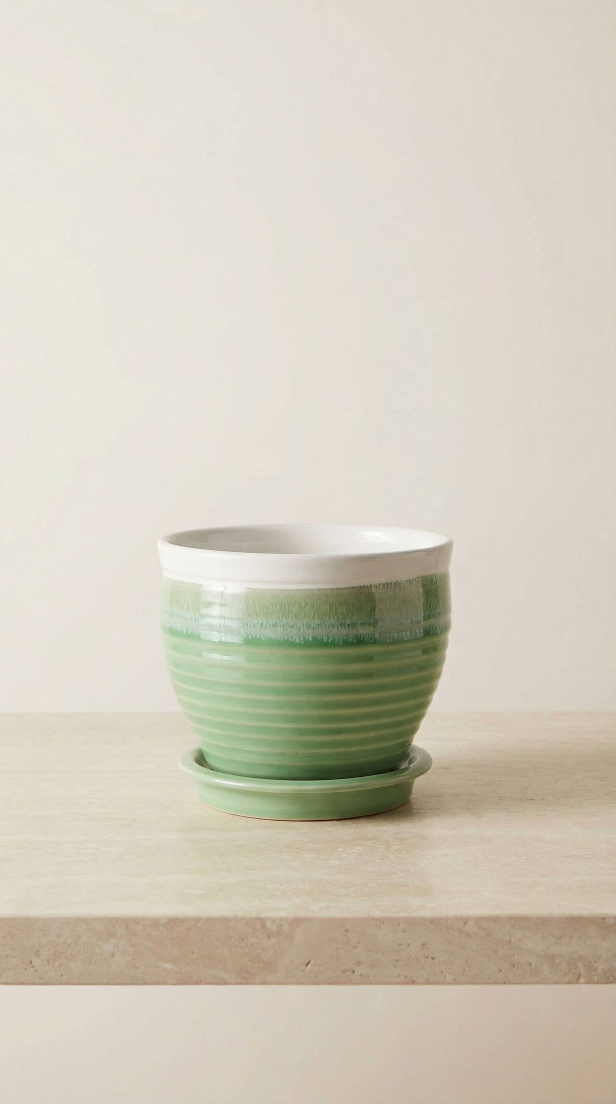 Ceramic Planter Pot, Green with Attached Saucer - Willow - Glass Garden Studio