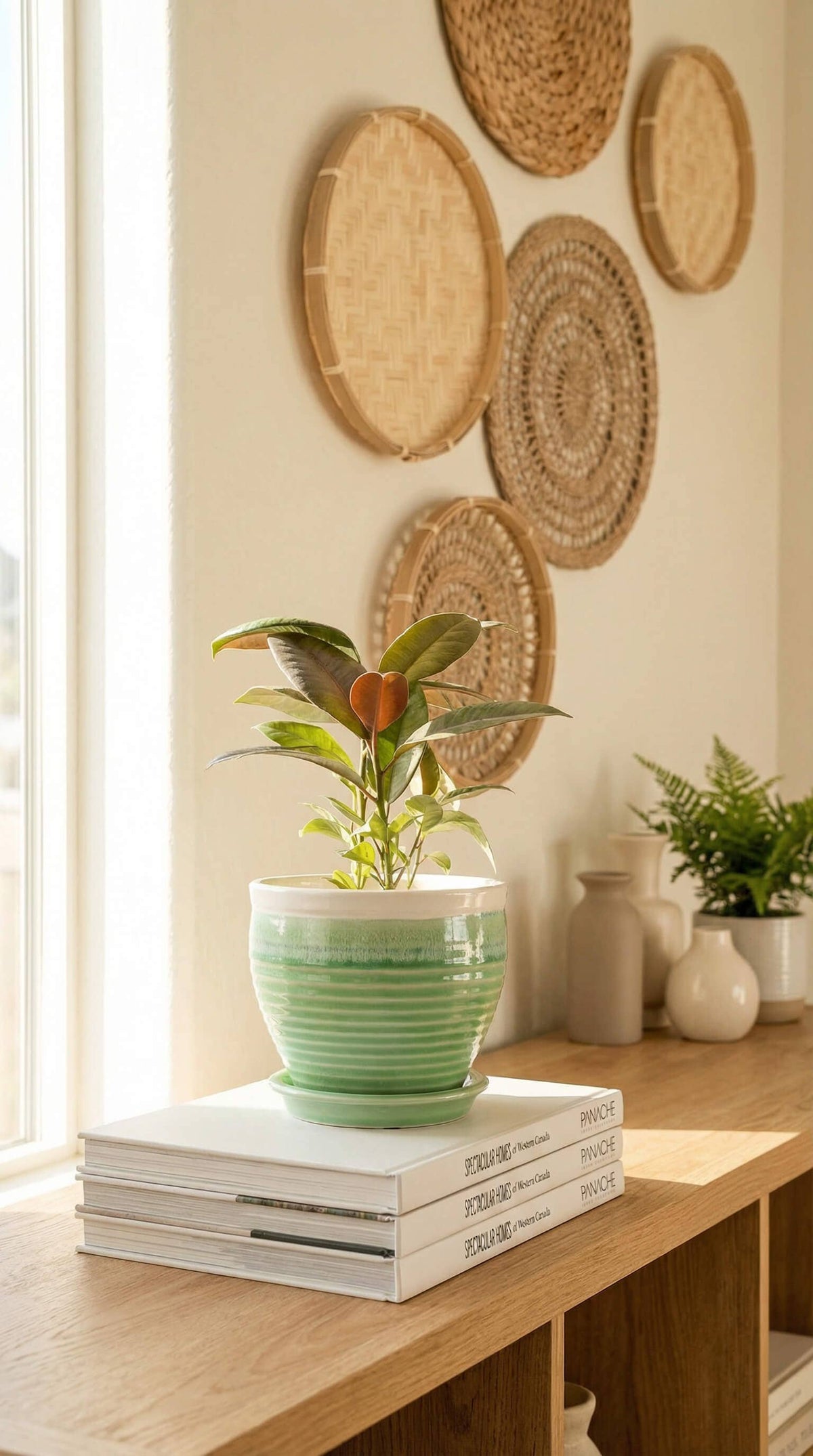 Ceramic Planter Pot, Green with Attached Saucer - Willow - Glass Garden Studio