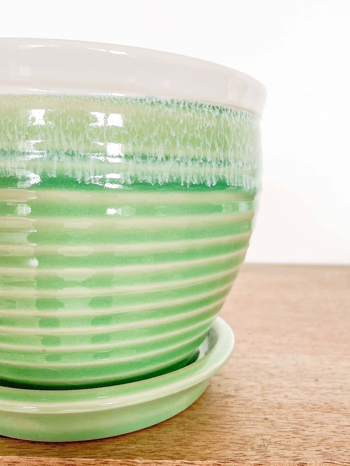 Ceramic Planter Pot, Green with Attached Saucer - Willow - Glass Garden Studio