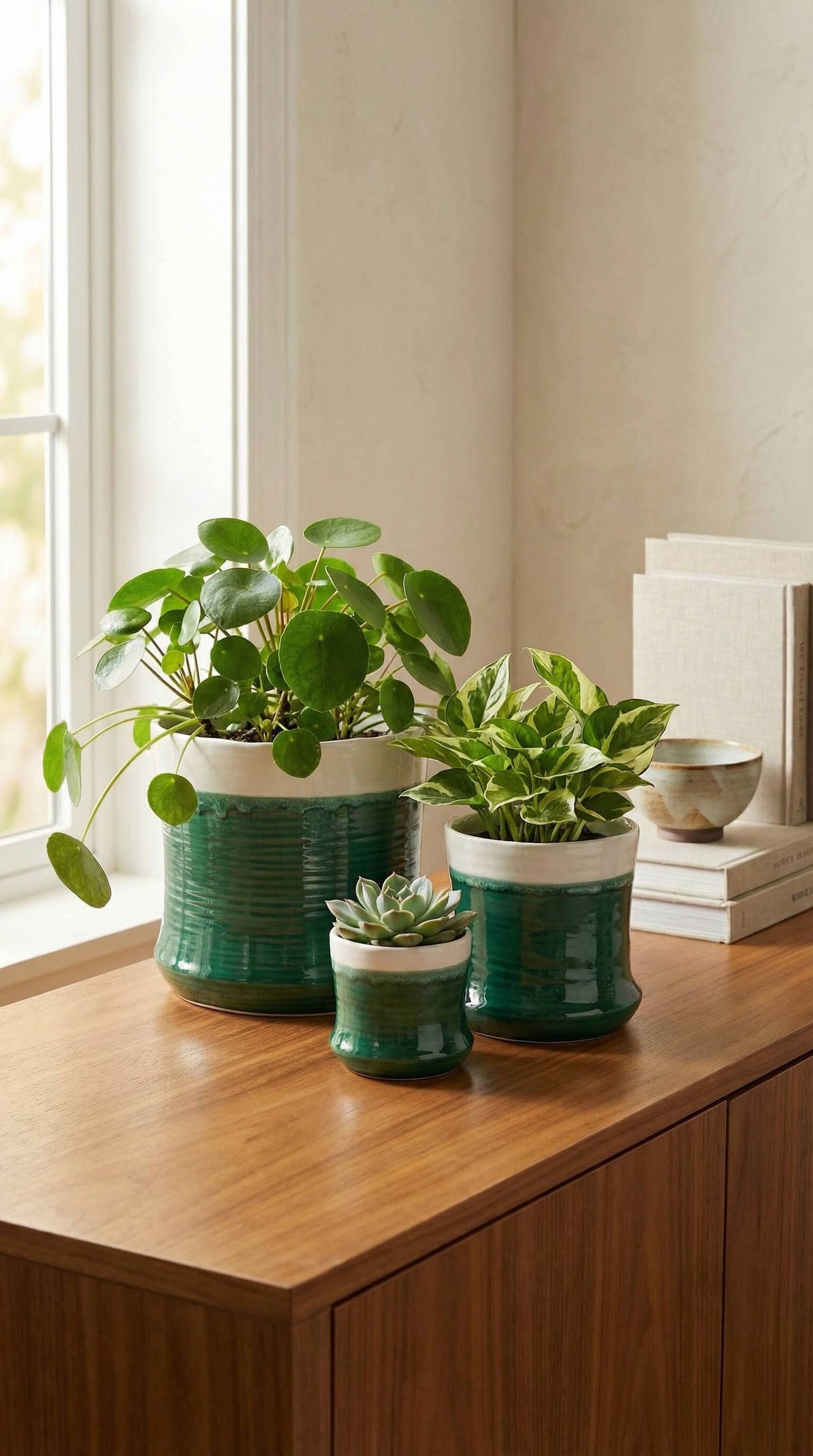 Ceramic Planter Pot, Green with Drainage - Thalia - Glass Garden Studio