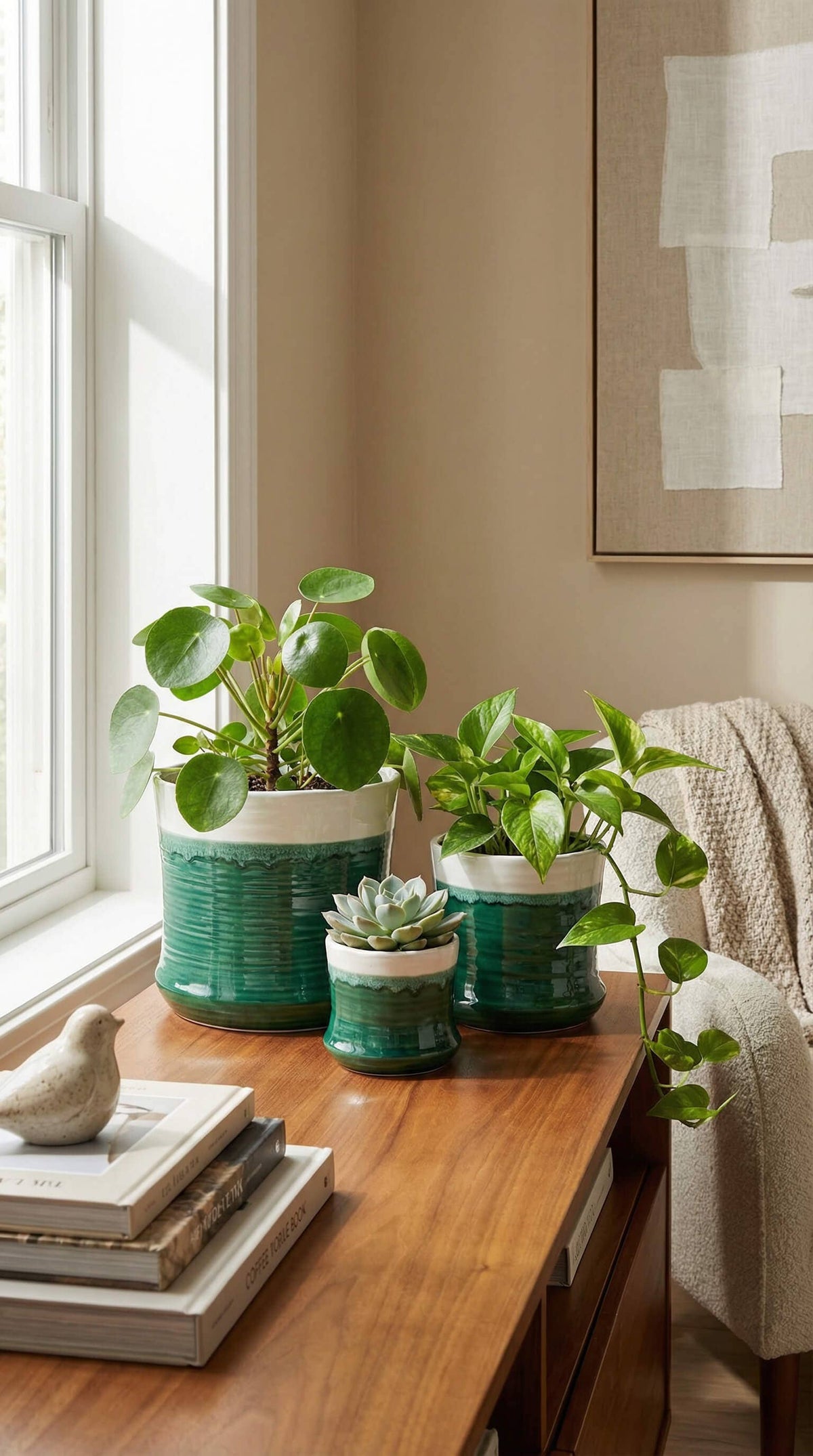 Ceramic Planter Pot, Green with Drainage - Thalia - Glass Garden Studio