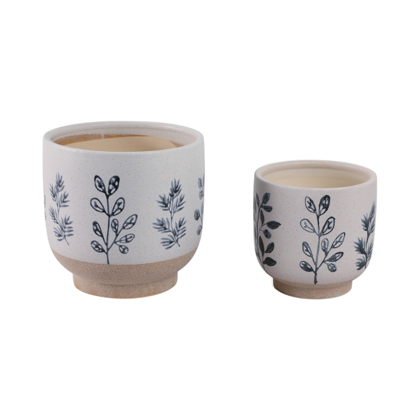 Plant Pot Set of 2 - Blue/White Ceramic Painted Leaf, 6/8 in
