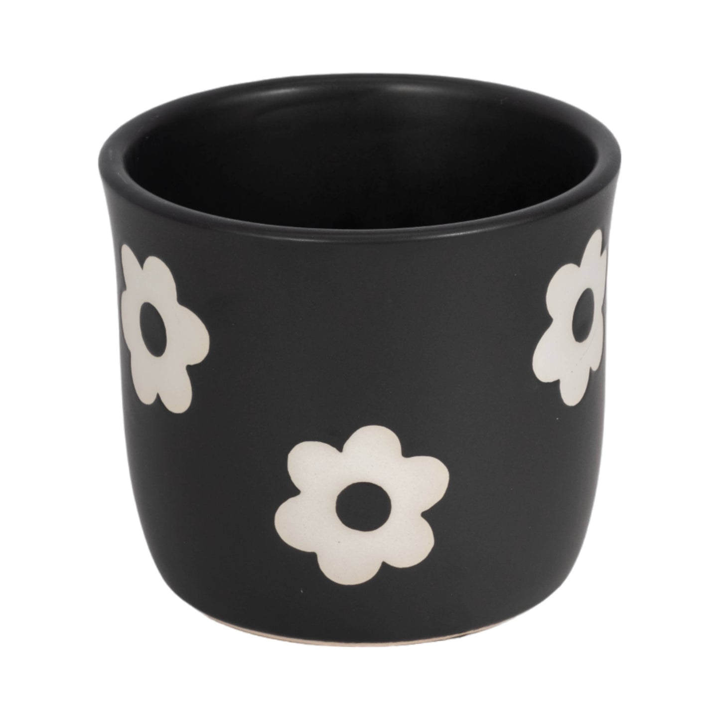 Plant Pot - Black/White Ceramic Raised Flower Power, 6 in.