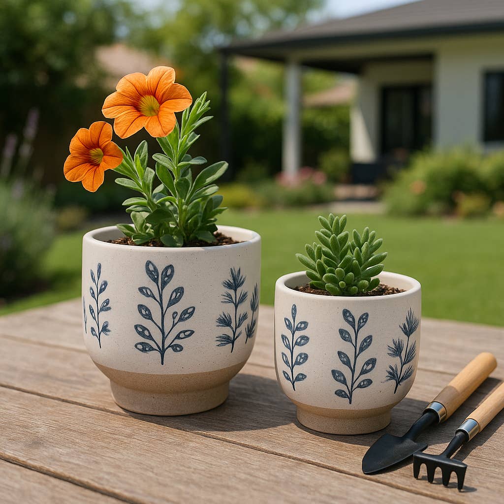 Plant Pot Set of 2 - Blue/White Ceramic Painted Leaf, 6/8 in