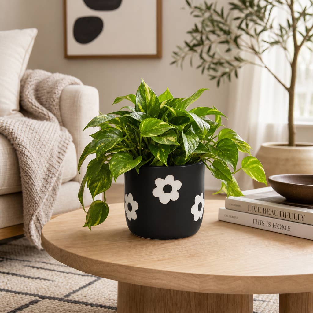 Plant Pot - Black/White Ceramic Raised Flower Power, 6 in.
