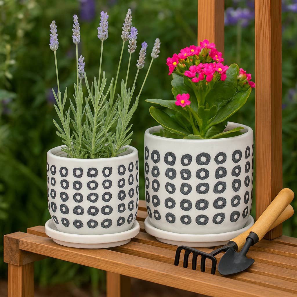 Planters Set of 2 - Black Ceramic Aztec Saucer, 5/6 in.