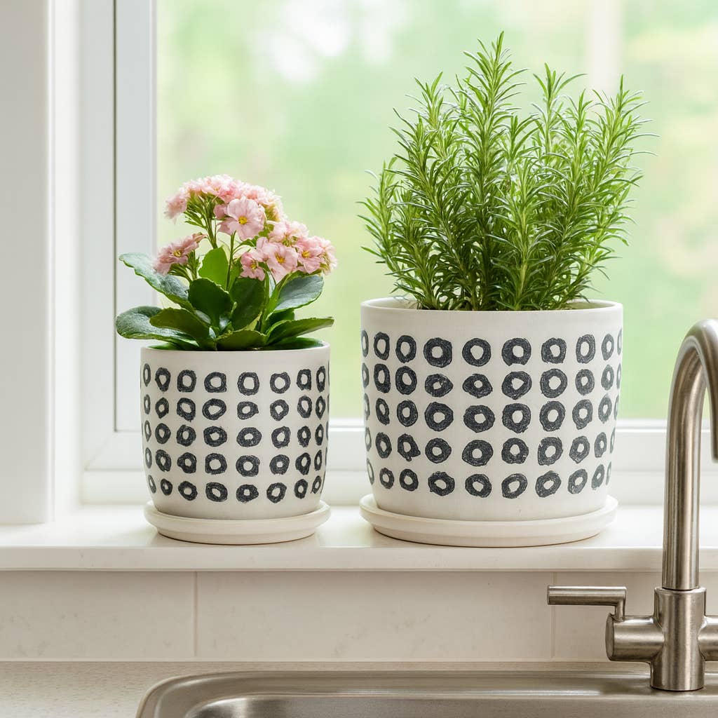 Planters Set of 2 - Black Ceramic Aztec Saucer, 5/6 in.