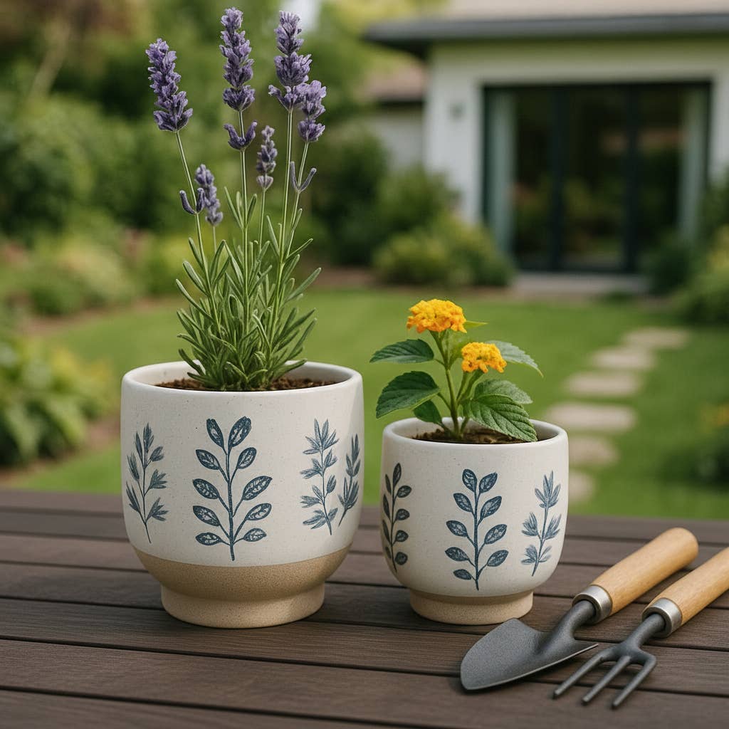 Plant Pot Set of 2 - Blue/White Ceramic Painted Leaf, 6/8 in