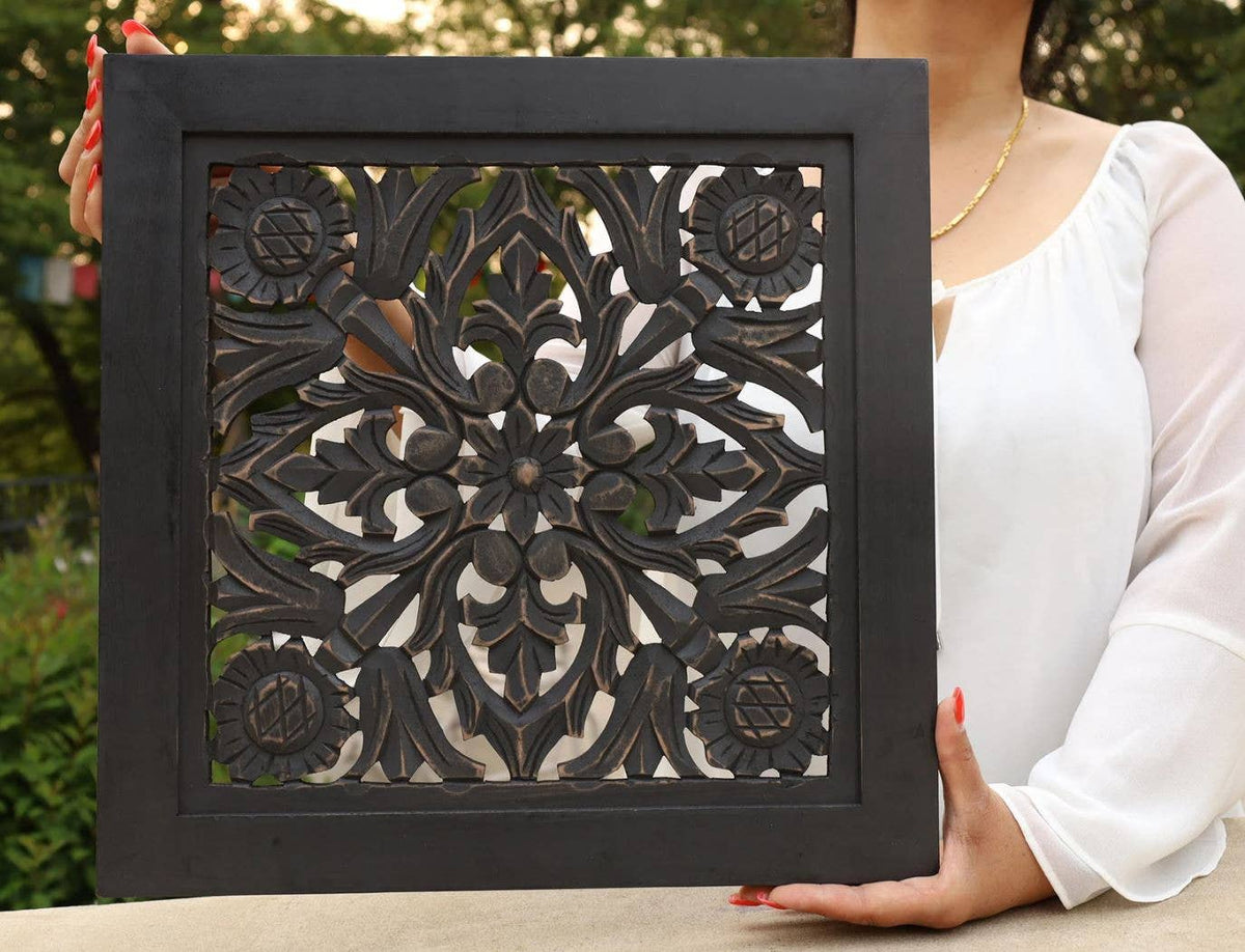 Handcrafted Large Lotus Wooden Wall Panel For Home Decor - Glass Garden Studio