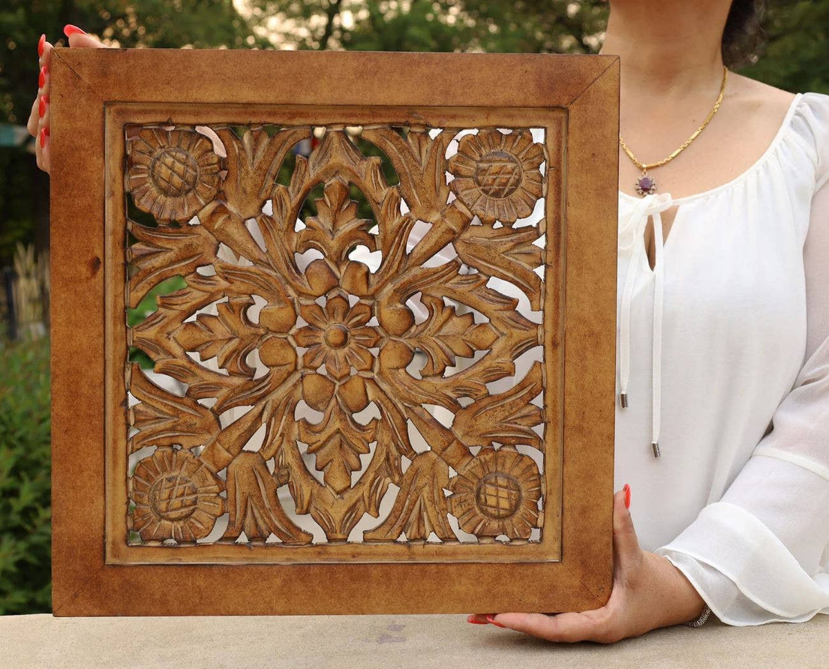 Handcrafted Large Lotus Wooden Wall Panel For Home Decor - Glass Garden Studio