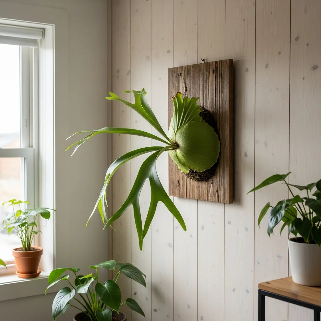Live staghorn fern wall art mounted on reclaimed wood hanging in a bright plant-filled living room