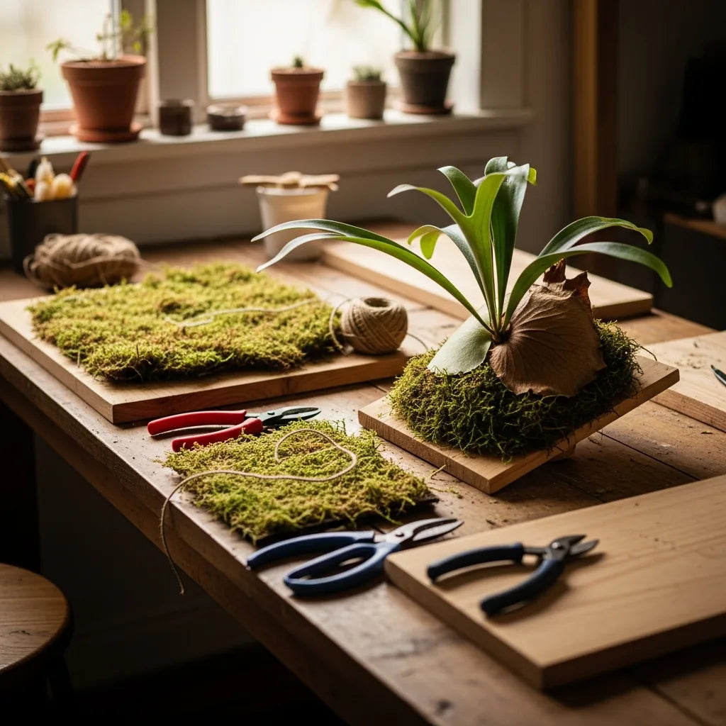 Staghorn fern wall art workshop materials including wood boards, moss, and ferns on a studio table