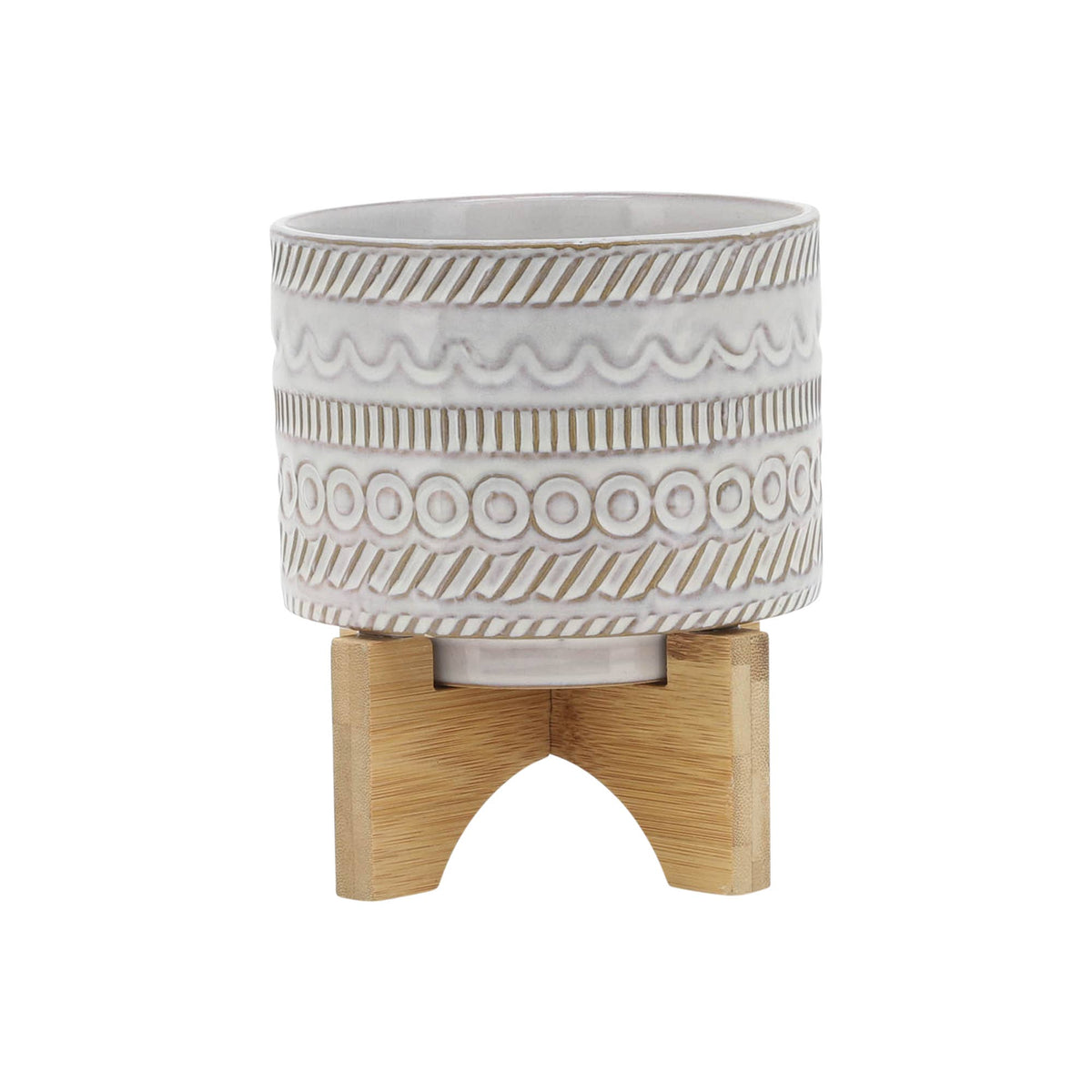 Plant Pot - Ivory Ceramic Tribal Carved on Wood Stand, 6 in. - Glass Garden Studio