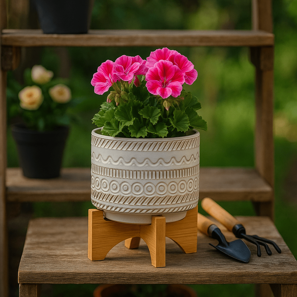Plant Pot - Ivory Ceramic Tribal Carved on Wood Stand, 6 in. - Glass Garden Studio
