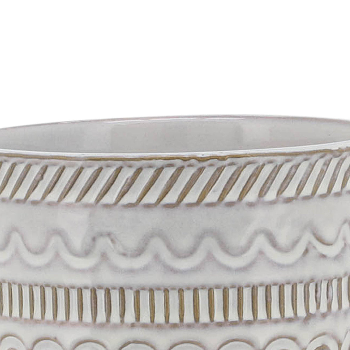 Plant Pot - Ivory Ceramic Tribal Carved on Wood Stand, 6 in. - Glass Garden Studio